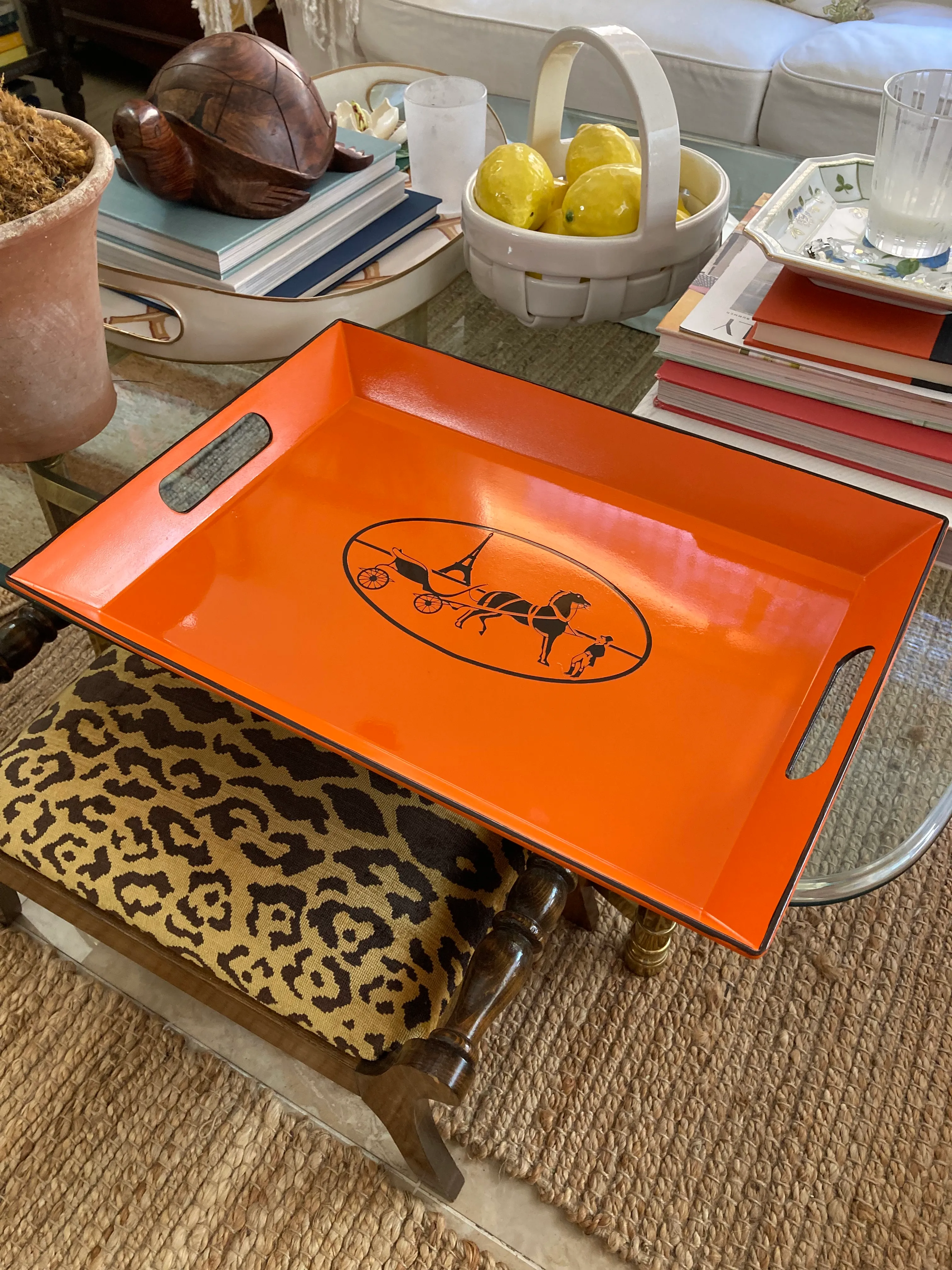 Orange Lacquered Hermes Inspired Bar Tray | Chairish