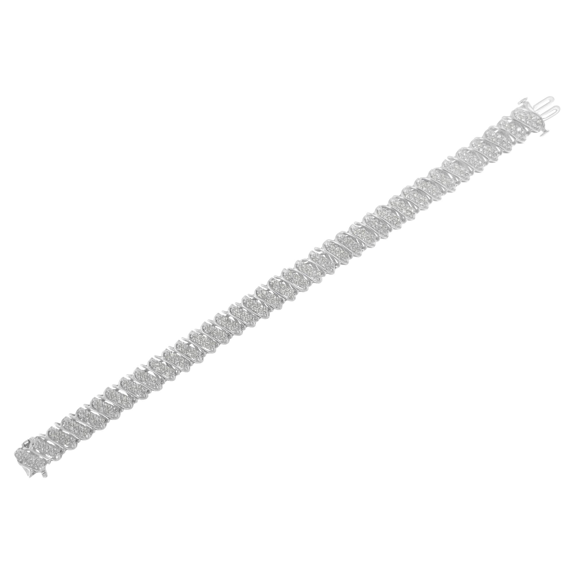 .925 Sterling Silver 3.0 Cttw Diamond Multi Row Cluster Slanted Wave Link Tennis Bracelet