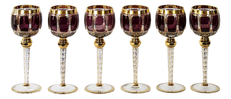 Bohemian Handmade Gilt Glass Wine Glasses, Set of 6