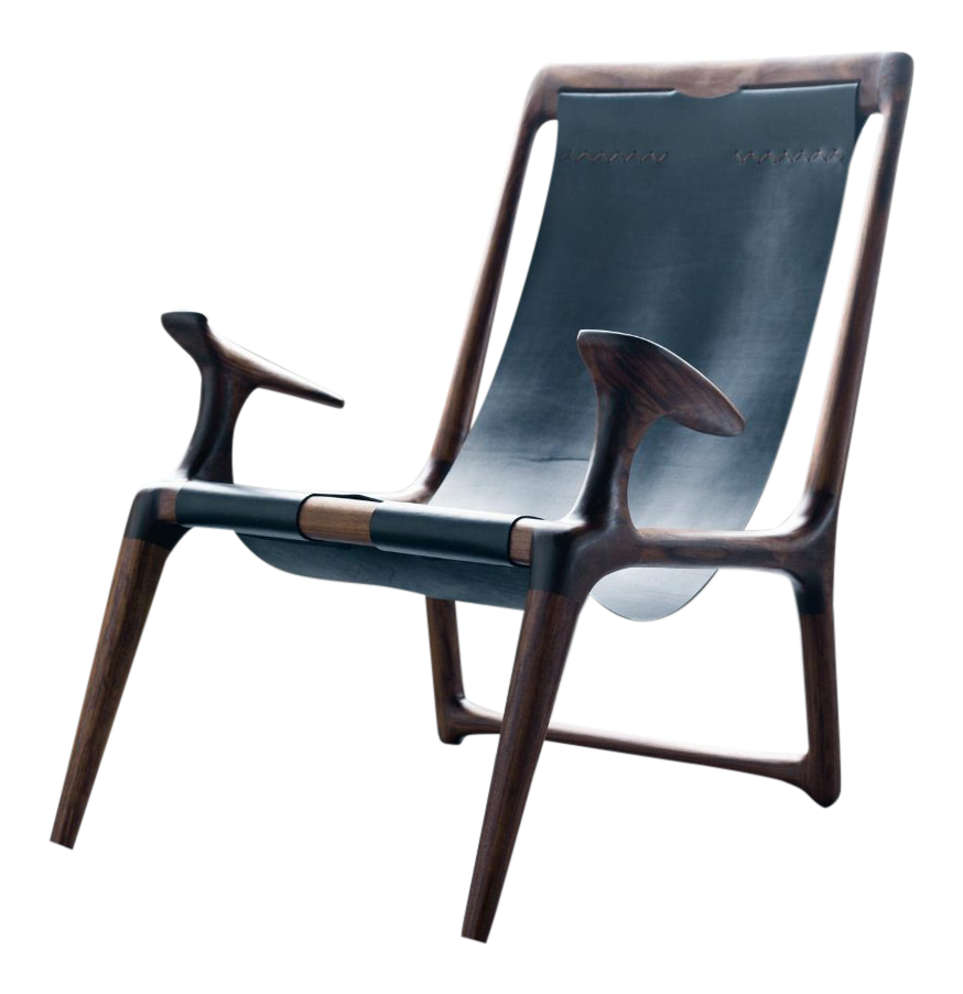 Contemporary Walnut and Black Leather Sling Chair Chairish