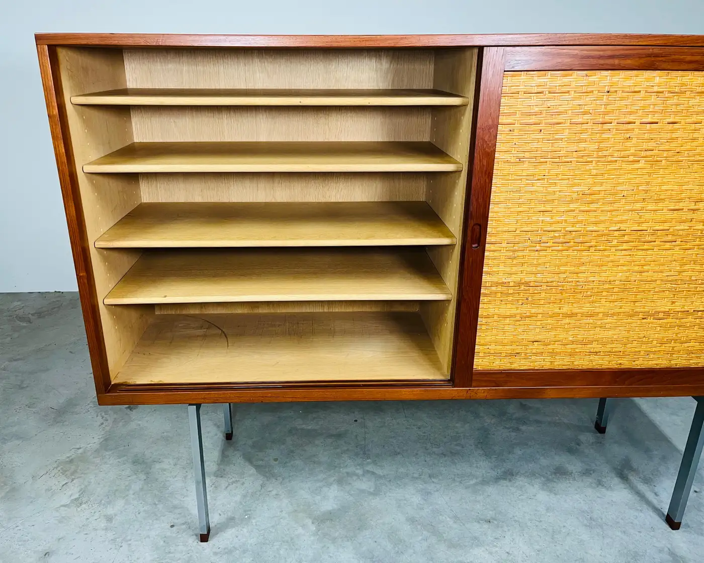 Hans Wegner Ry-33 Teak, Steel, Oak Rattan Sideboard Cabinet