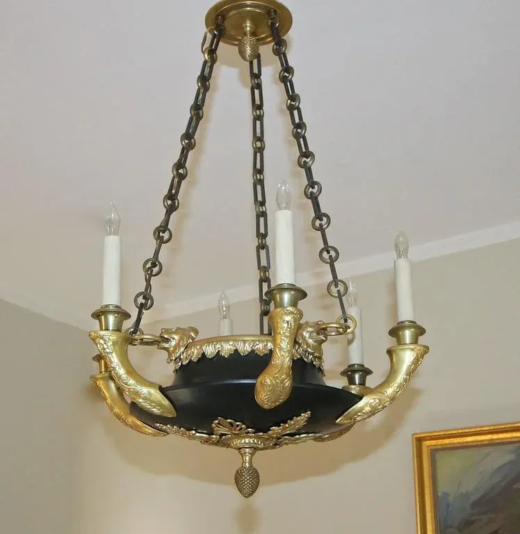 French Empire Doré Bronze Lion Chandelier