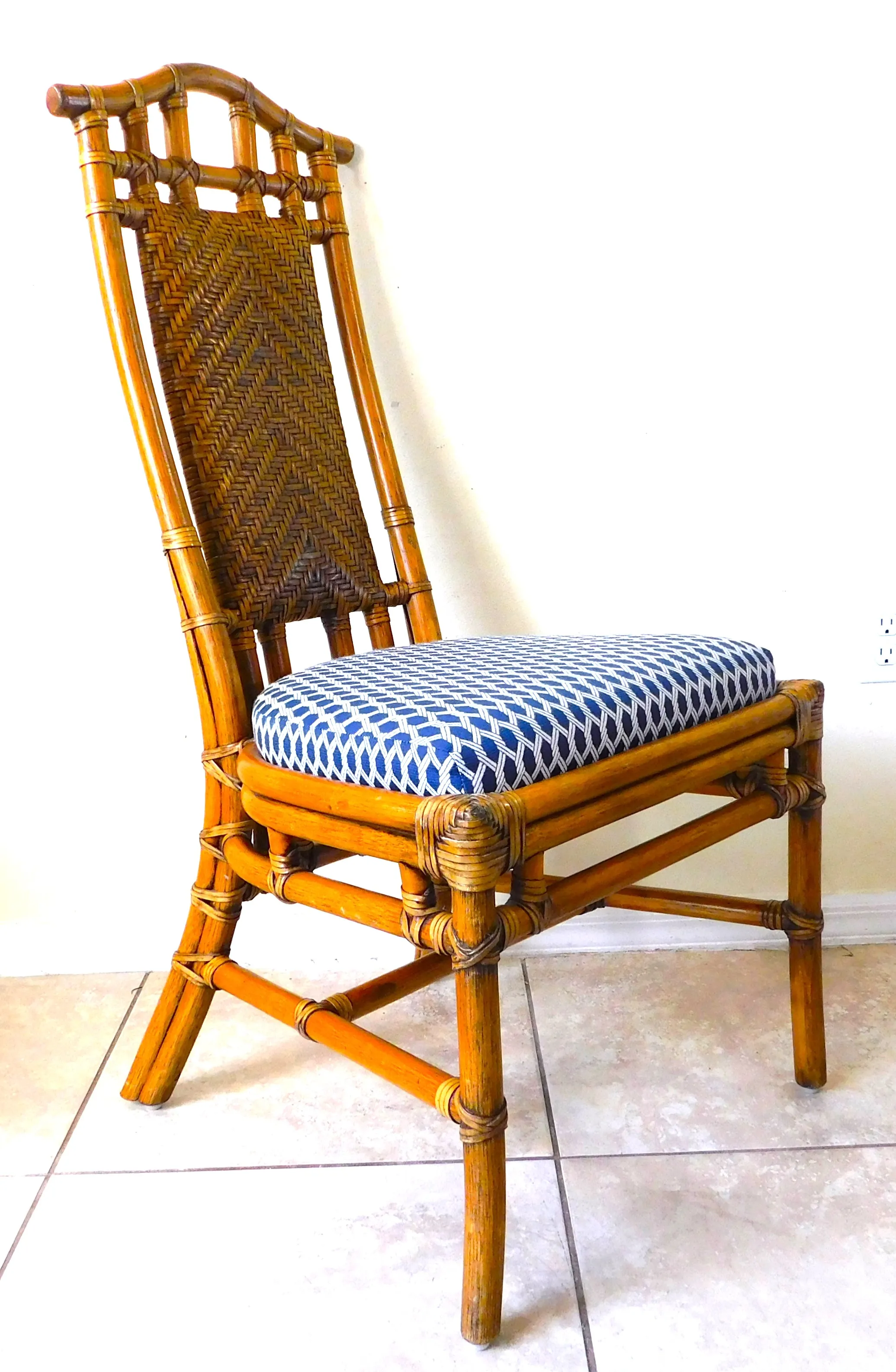 Vintage 1980s Rattan & Wicker Weave Leather Wrapped Upholstered Desk/Dining Side Chair