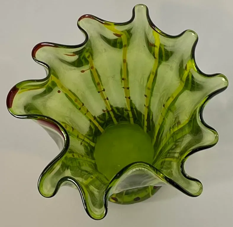 Vintage Art Glass Green Yellow Striped Vase