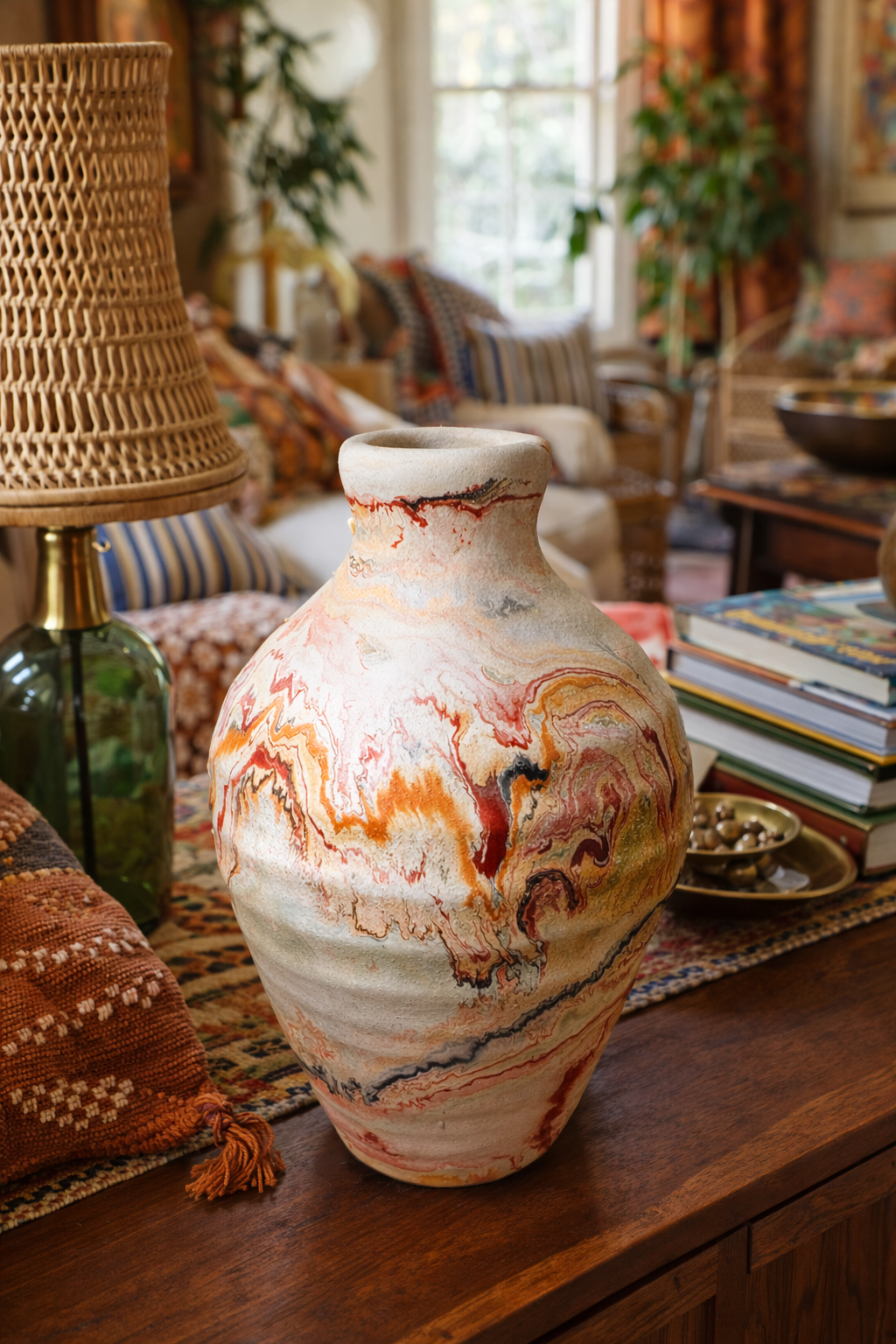 Boho Chic Nemadji Swirl Vase in Red Orange & Gray Studio Pottery main image 8