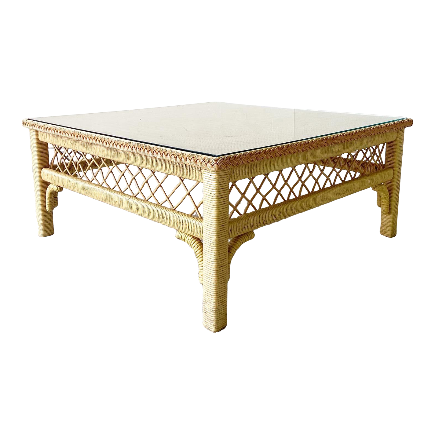 Boho Chic Wicker and Rattan Coffee Table With Glass Top by Henry Link