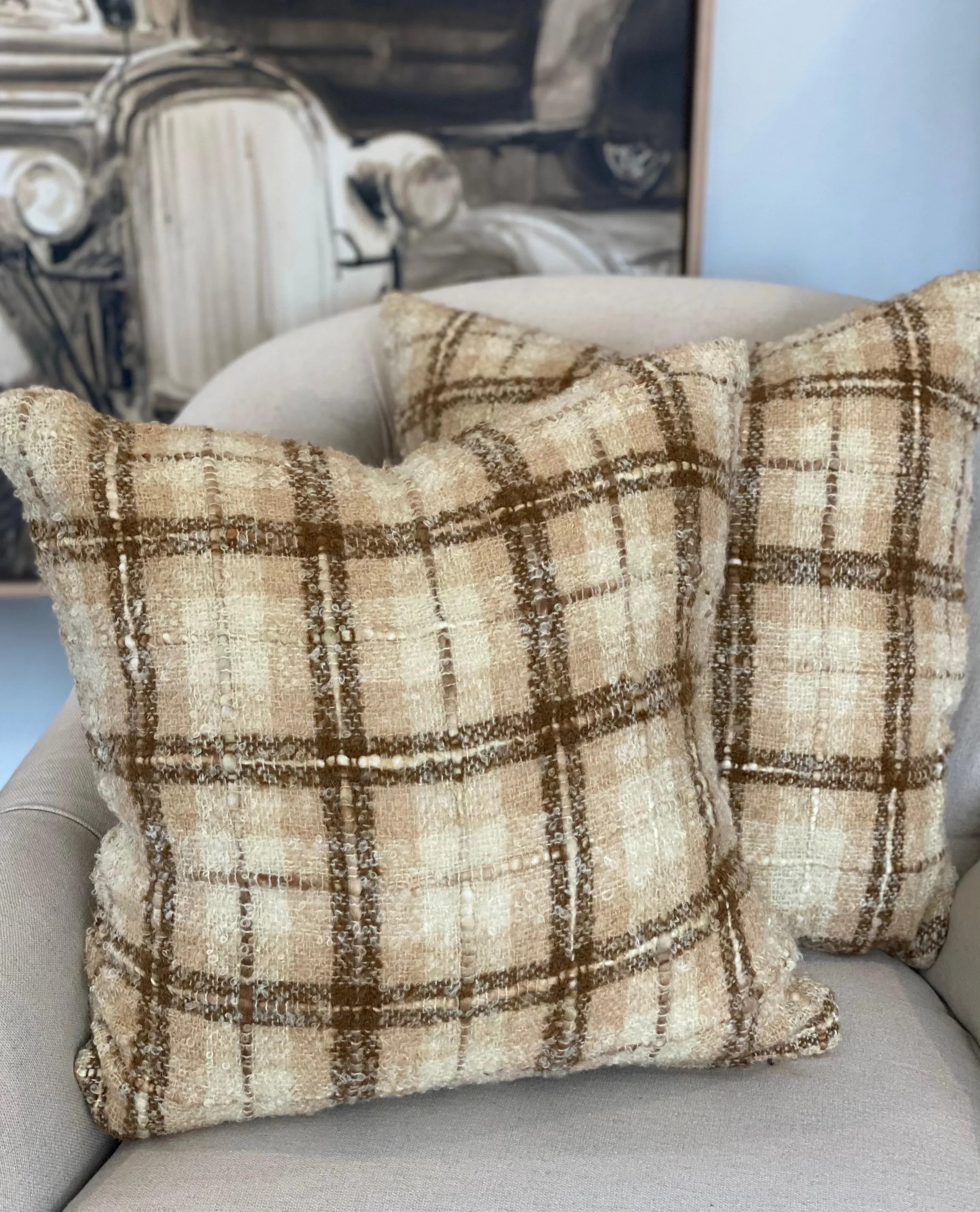 Contemporary Designer Neutral Plaid Mohair Throw Pillows- a Pair