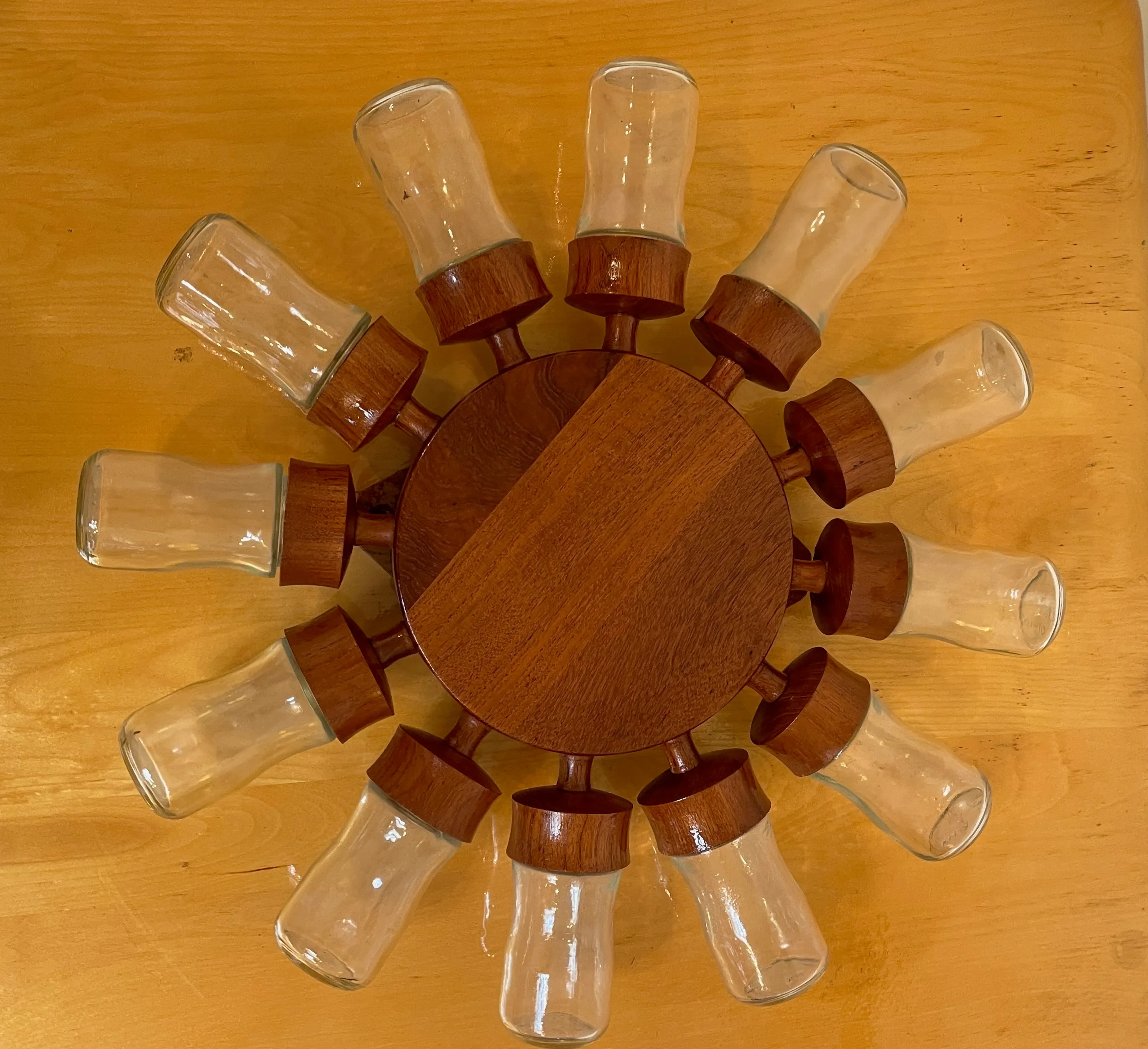 Midcentury Digsmed Danish Teak Spice Rack Wheel With 12 Glass Jars