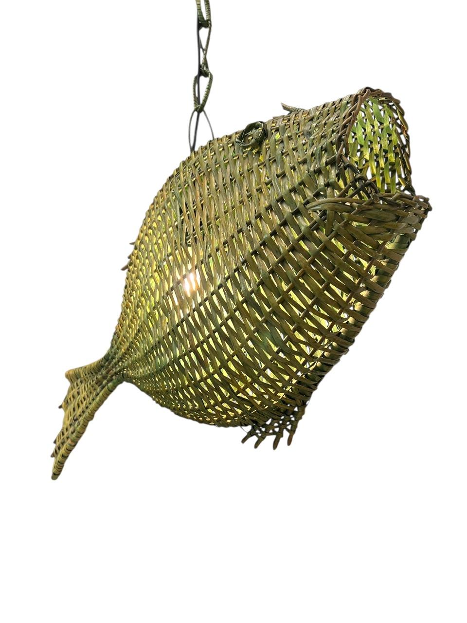 Mid-Century Modern Fish Wicker Rattan Pendant Lamp, 1960s