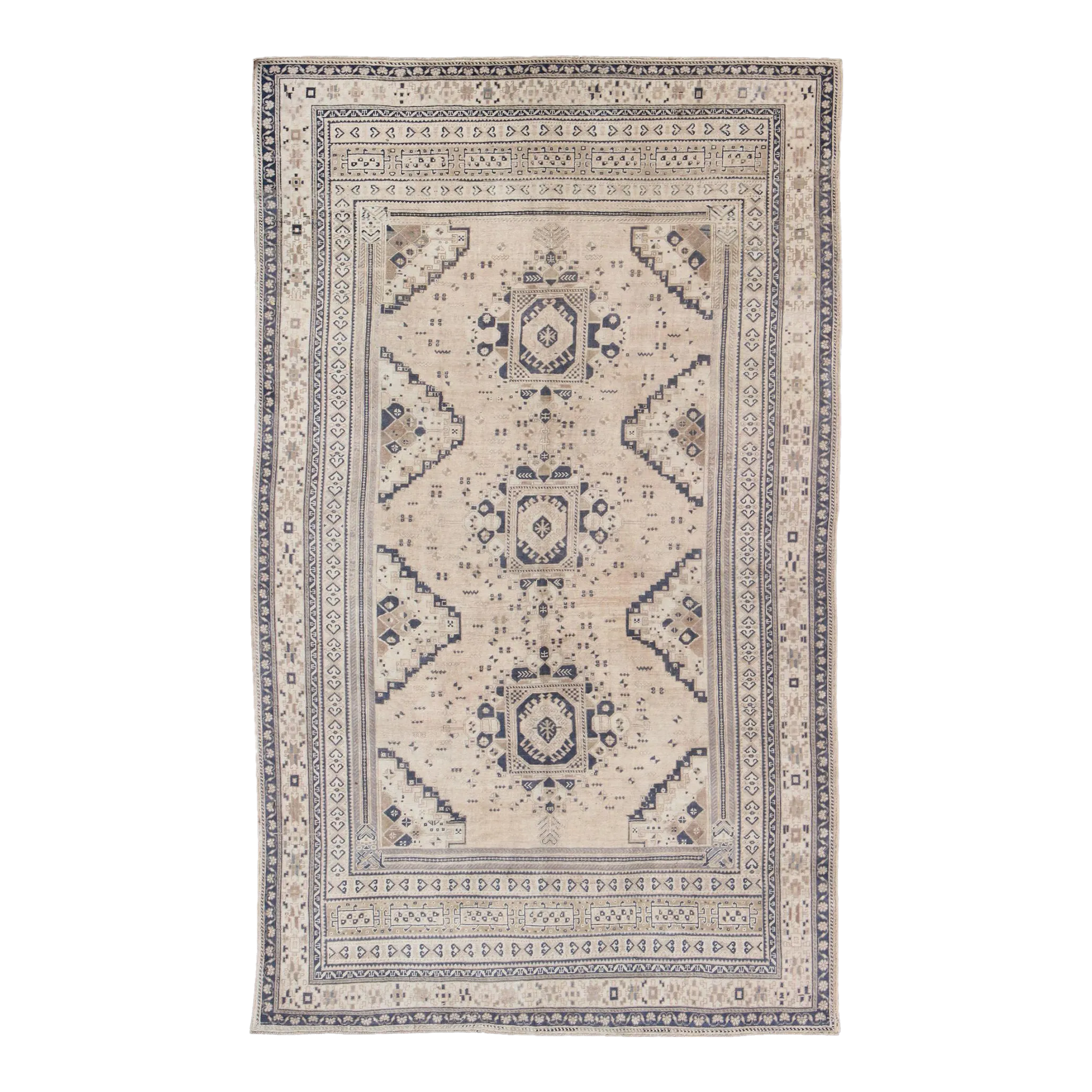 DaVinci Ivory Lace Wedding DressVintage Turkish Oushak Rug Featuring Soft Beige Field With Navy Tribal Design