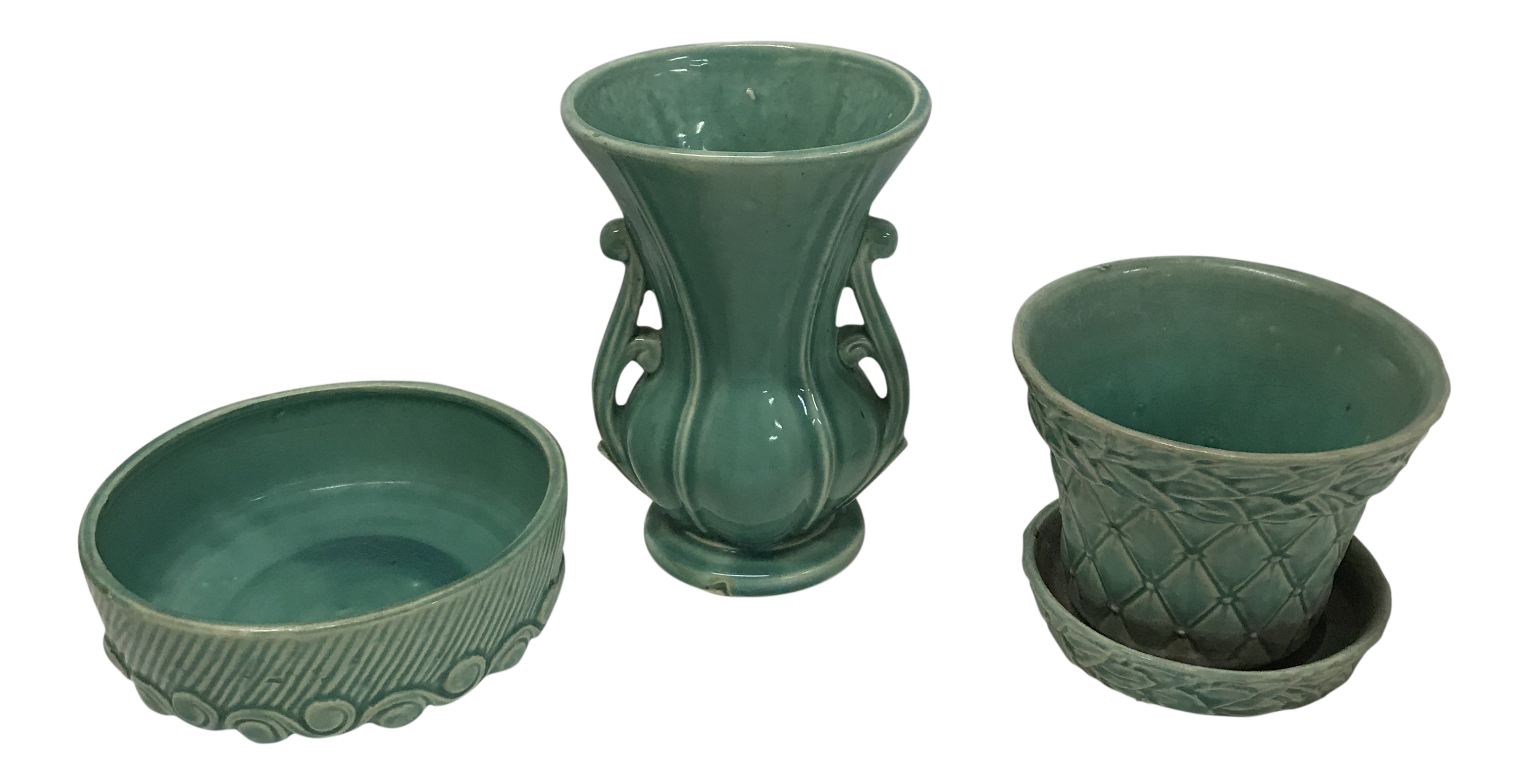 Nelson Mccoy Teal Green Pottery Vase Planter And Decorative Bowl
