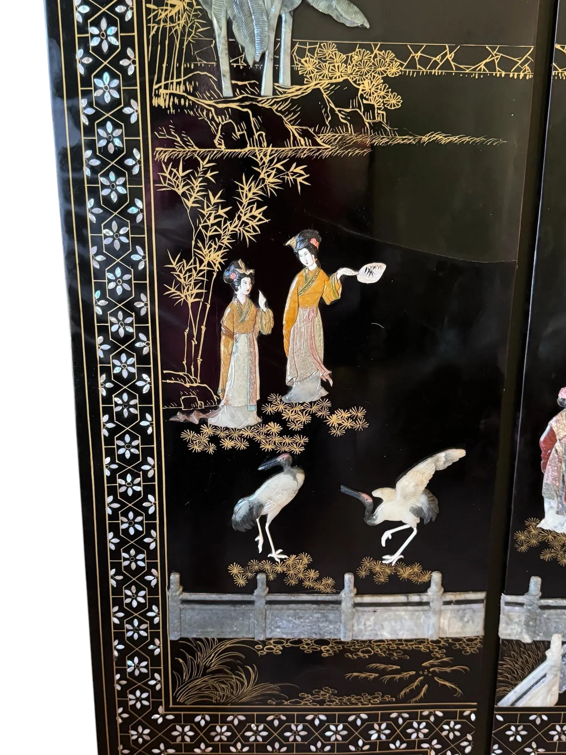 Chinese Black Lacquer and Carved Inlaid Hard Stone Four