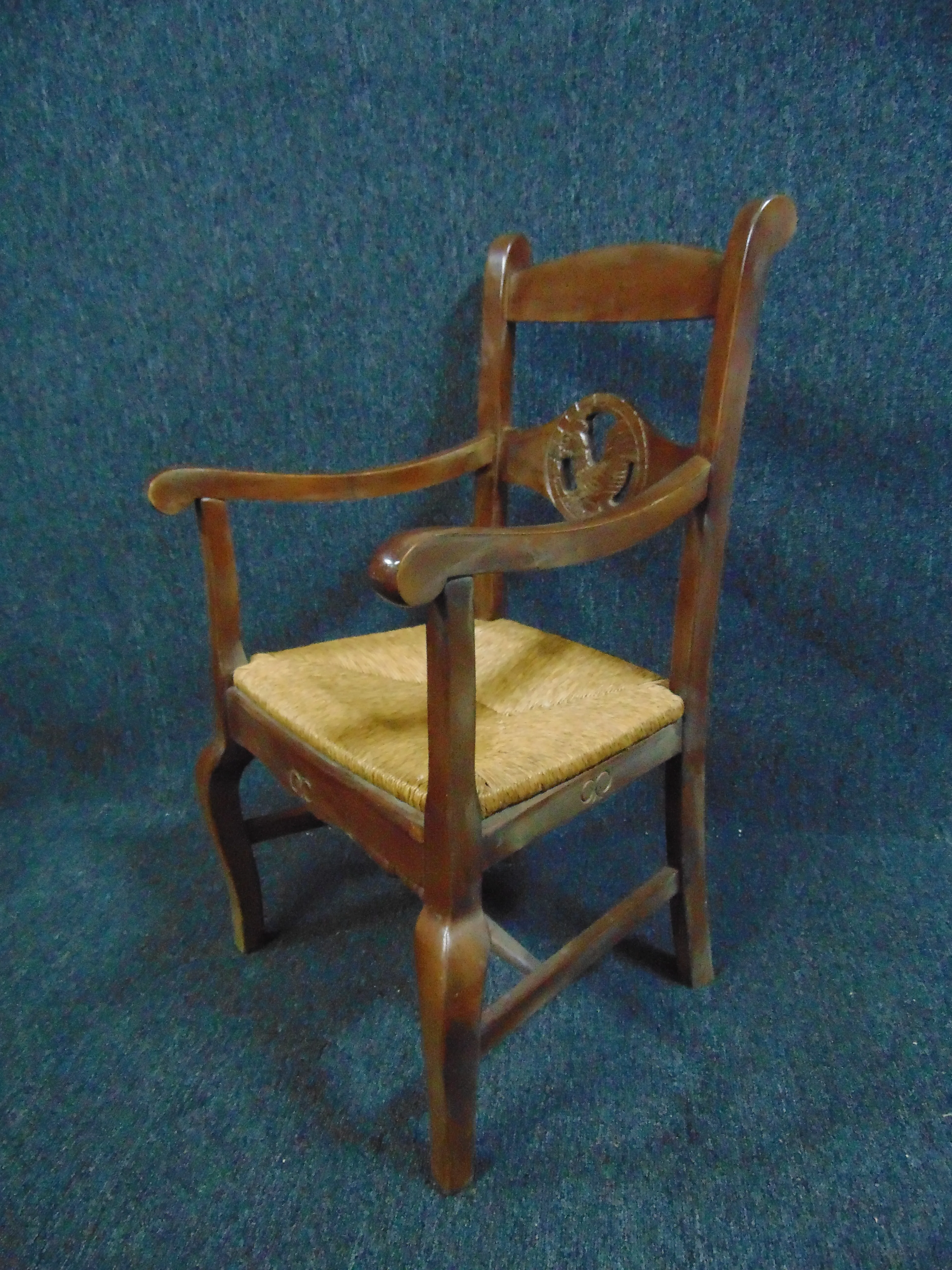 Country French Fruitwood Rooster Carved Rush Seat Arm Chair