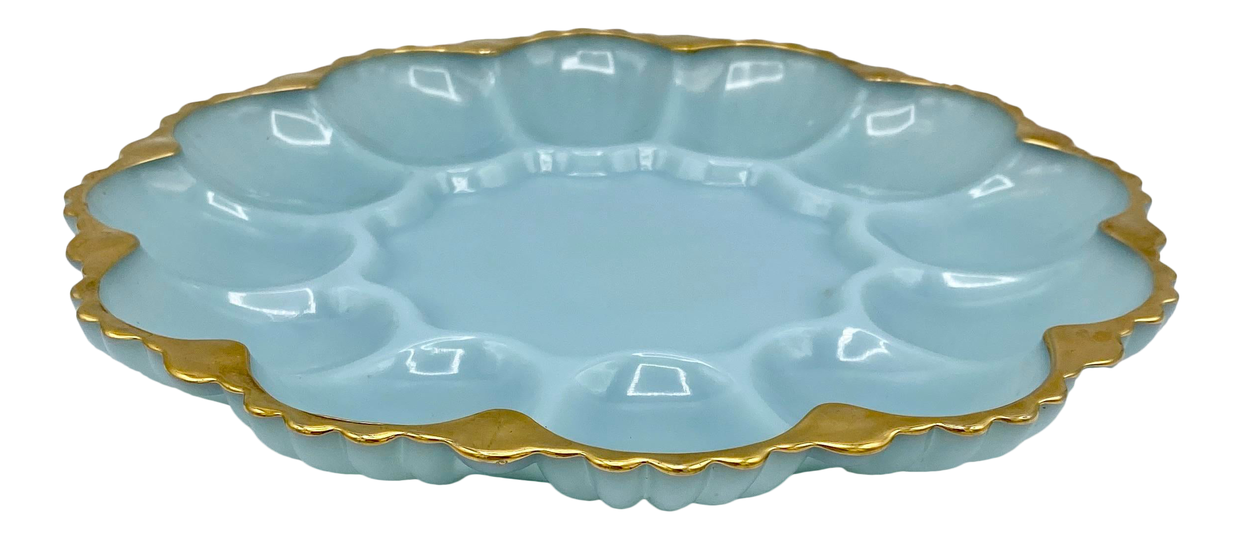 Vintage Fire King Blue Milk Glass Deviled Egg Plate With Gold Trim
