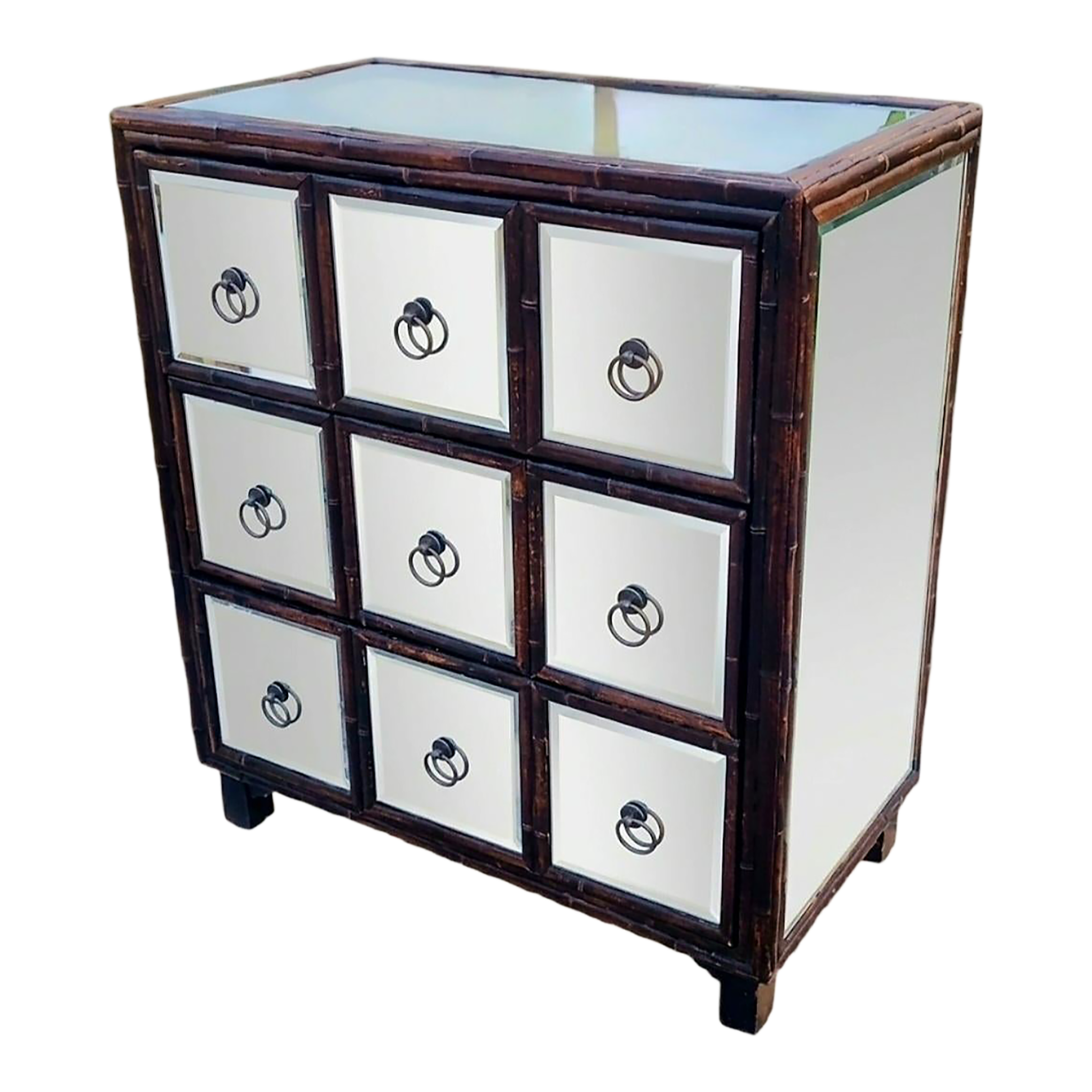 Vintage Mirrored Dark Stained Bamboo 3 Drawer Dorothy Draper Style Chest of  Drawers