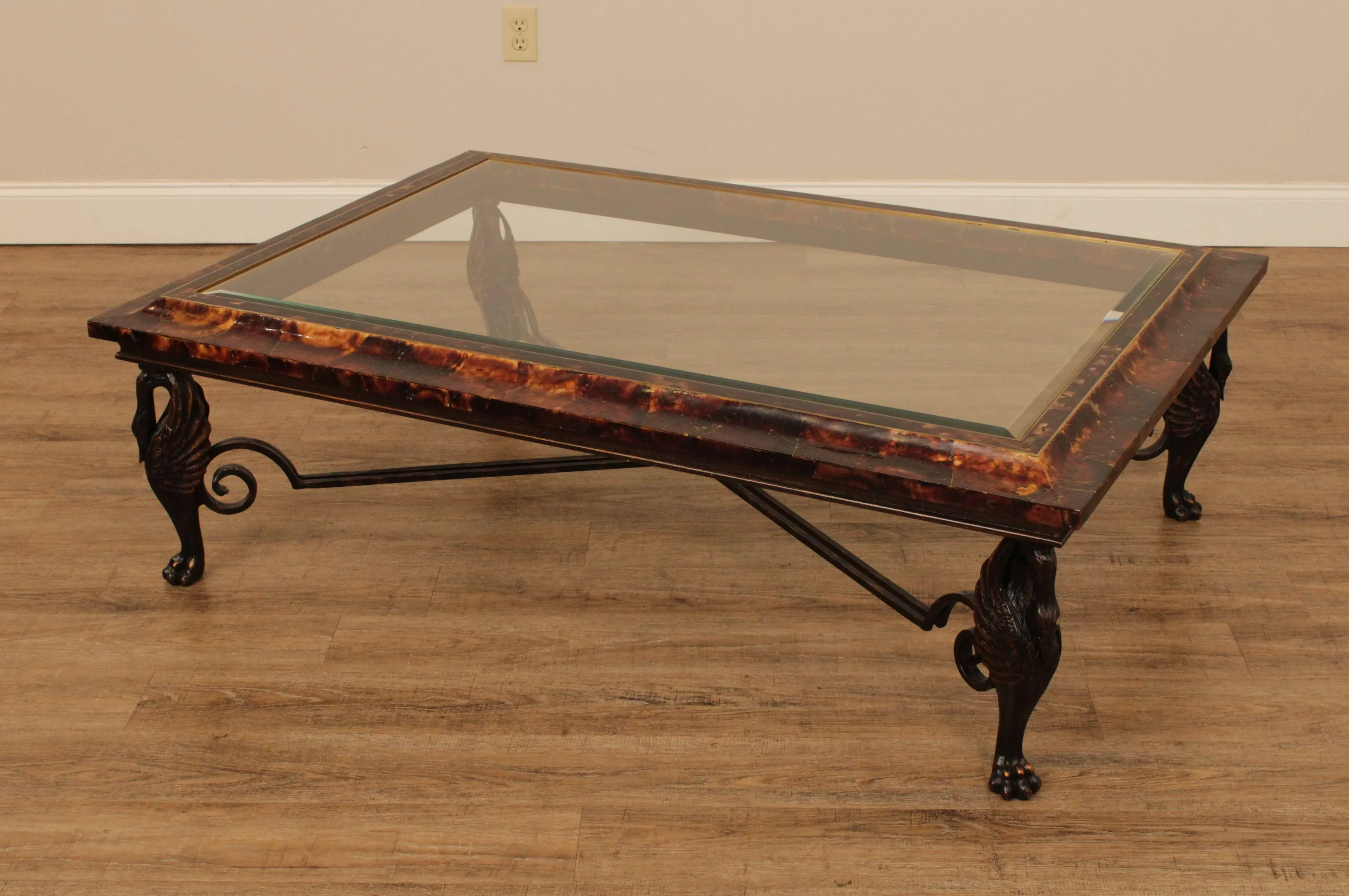 Maitland Smith Large Glass Top Faux Tortoise Shell Coffee Table