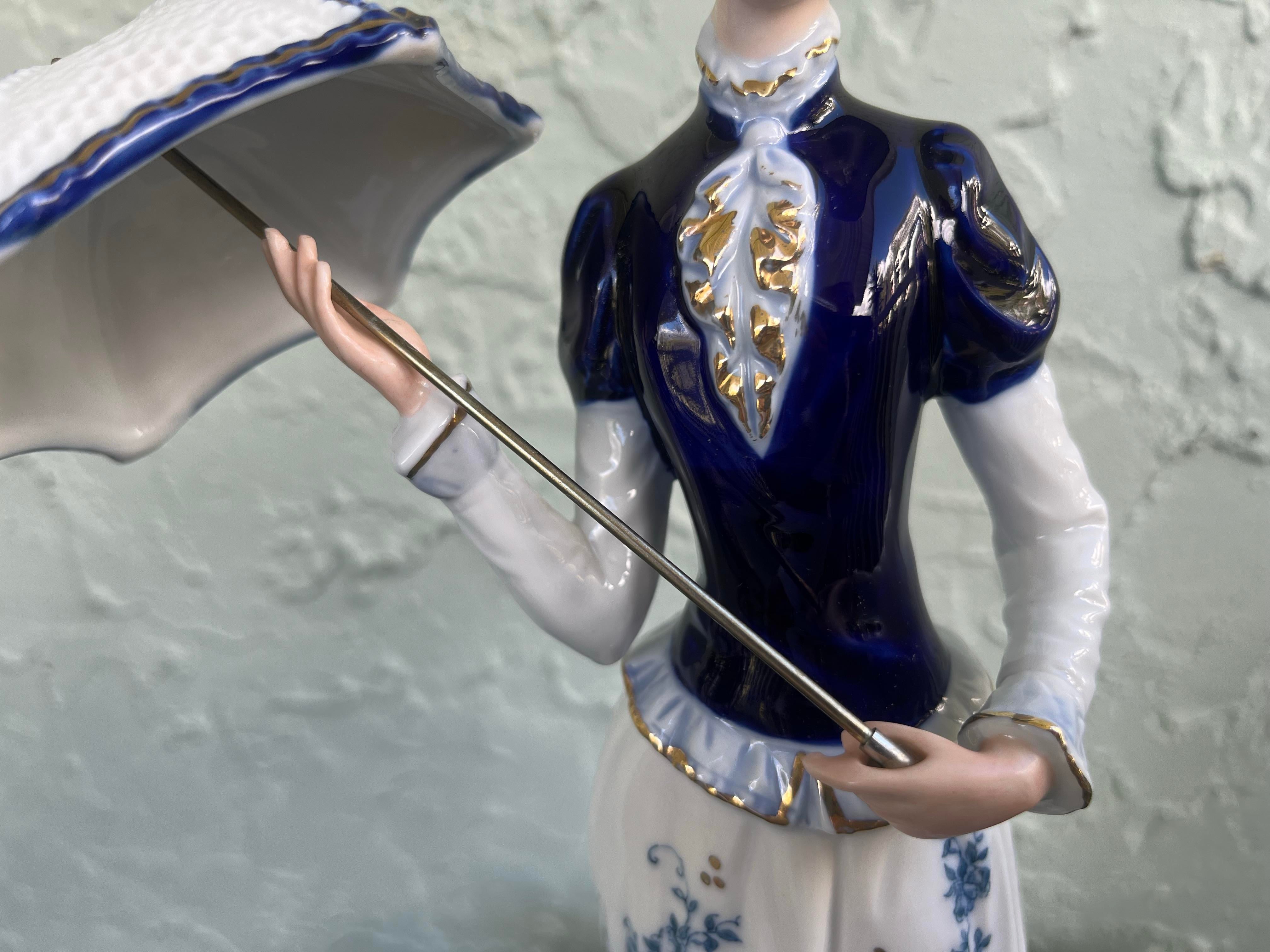 Vintage KPM-Style Blue/White Porcelain Lady Figurine With Parasol – 13”