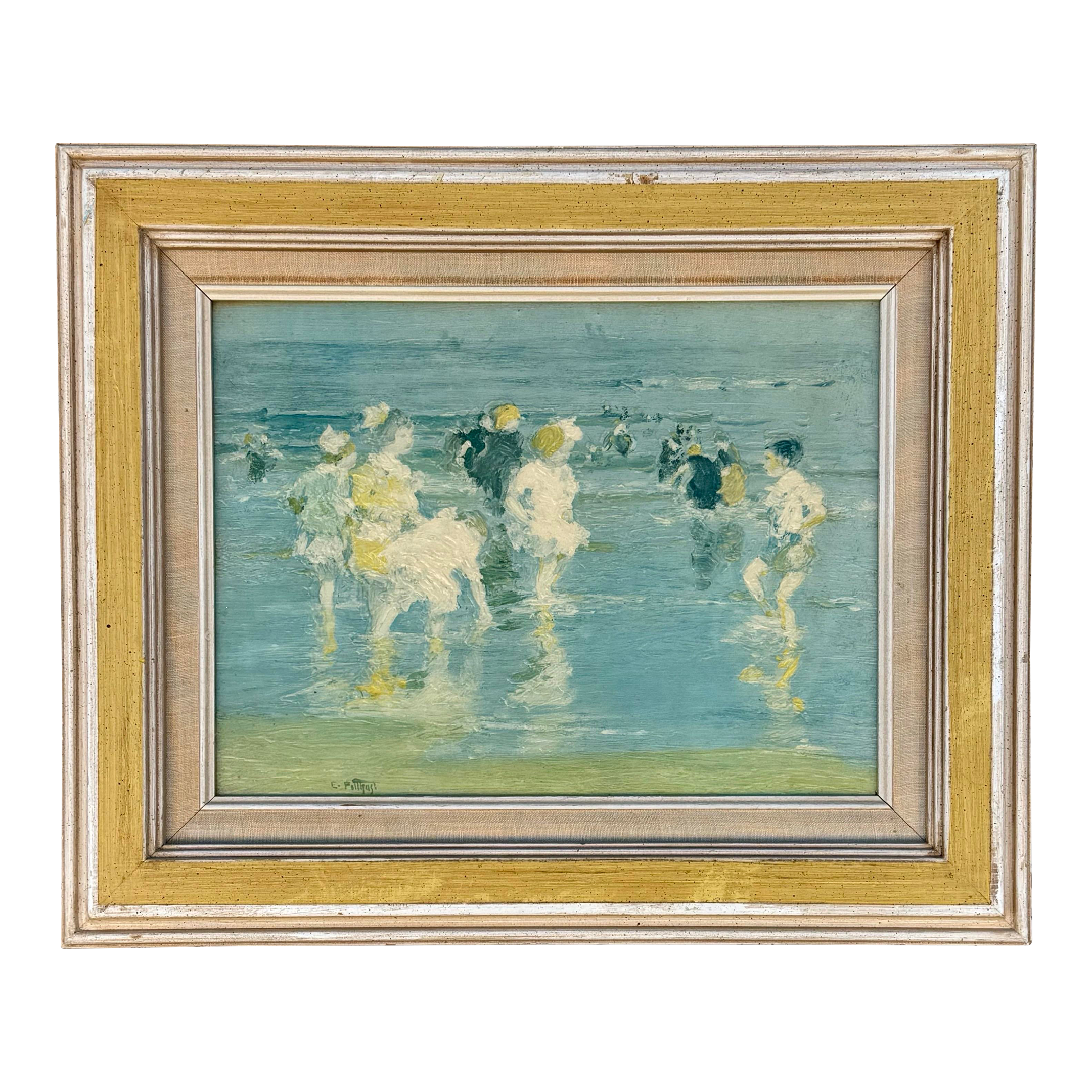 Vintage Edward Henry Potthast “Children on the Beach” Textured Canvas Print, Framed Mid-Century Art