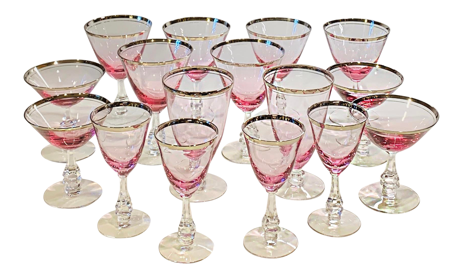 Antique Cerise Pink and Silver Rimmed Crystal Stemware Cocktail