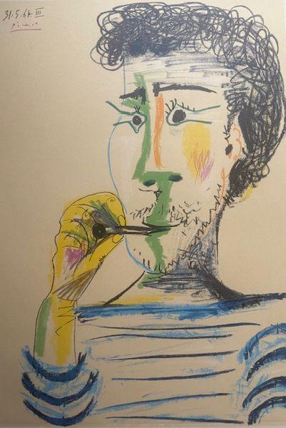 Pablo Picasso - Man With Marinière and Cigarette, Signed Lithograph