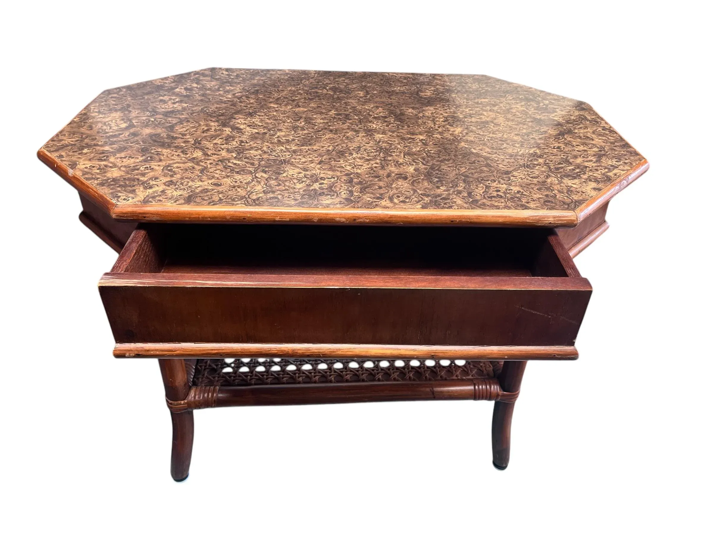 1980s Bombay Company Side Table With Hidden Drawer and Lower Caned