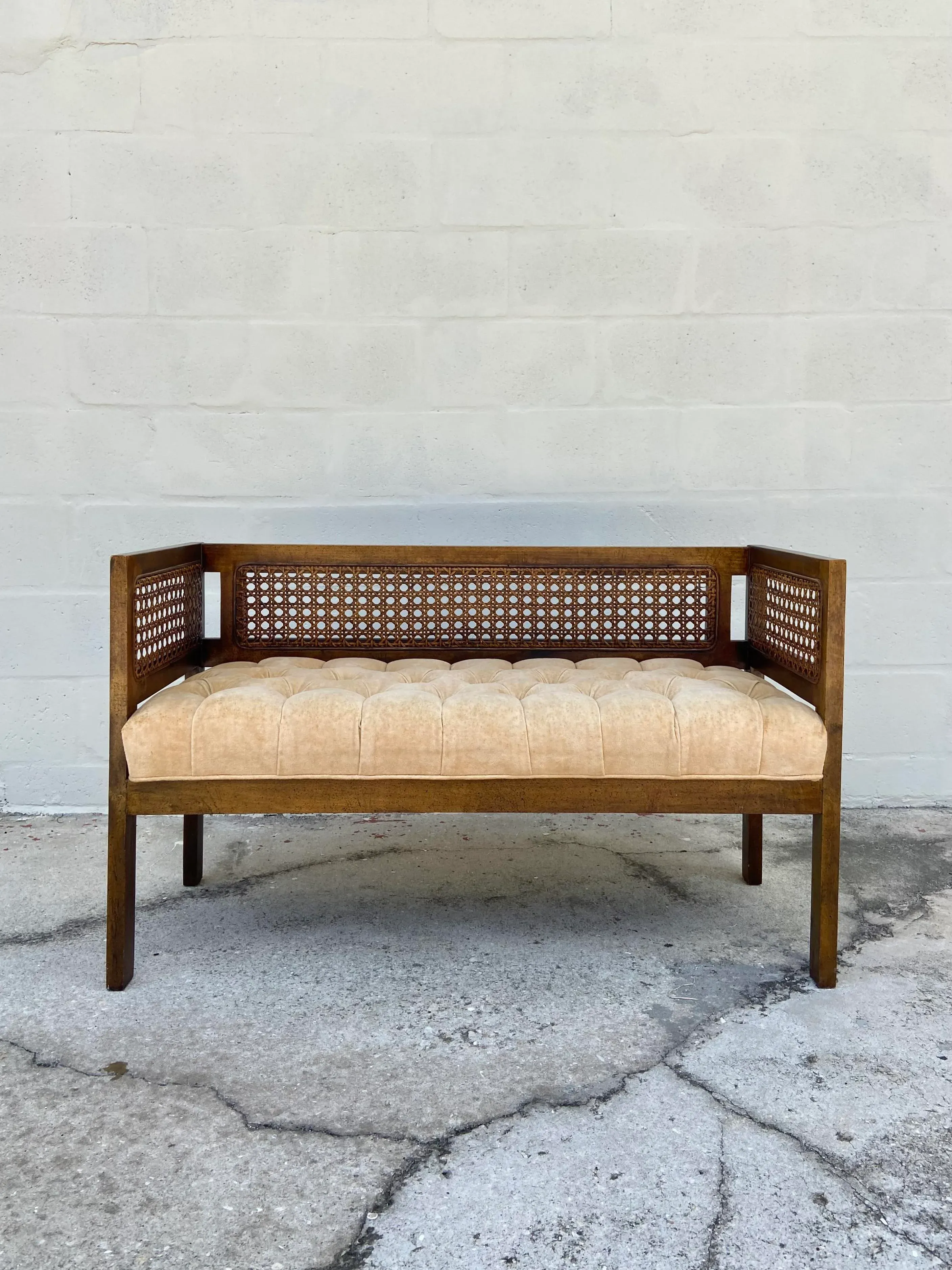 Mid Century Cane Bench or Settee With Upholstered Tufted Velour
