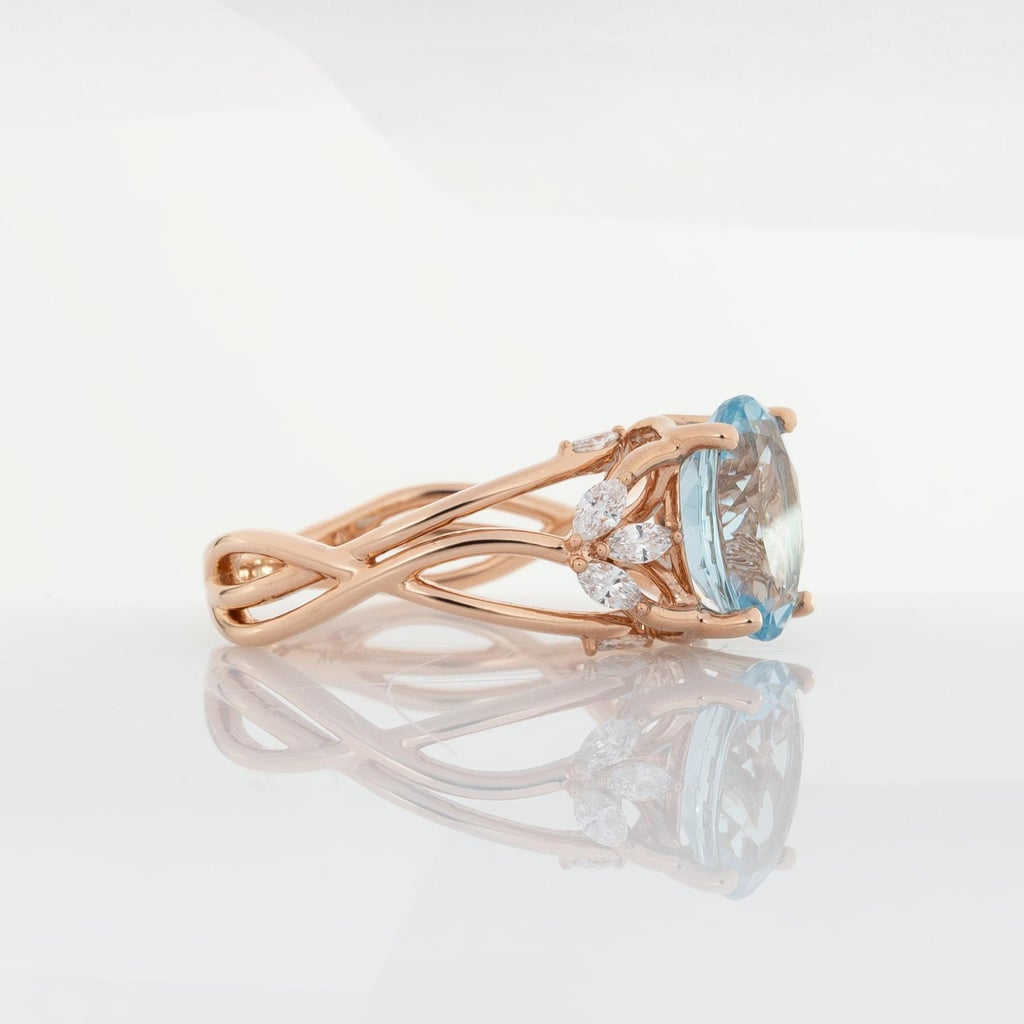 Aquamarine (11x9mm) & Diamond 14k Rose Gold Ring 2Ct Aquamarine Ring with Lab Diamonds in Solid 14K Rose Gold main image 1