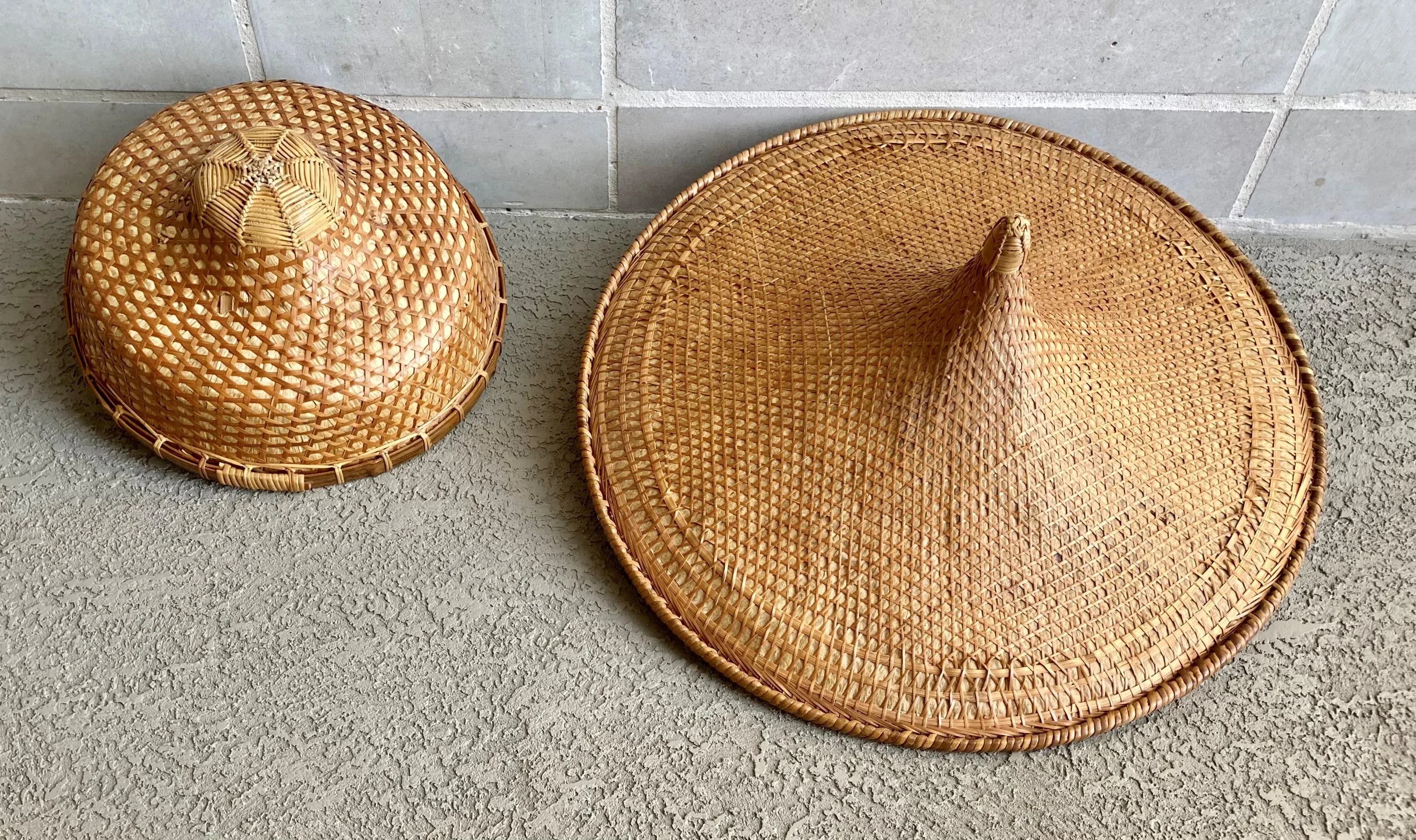 Mid 20th-Century Chinese Split Bamboo & Plaited Leaf Dǒulì (斗笠) Aka Conical  Hats - a Pair