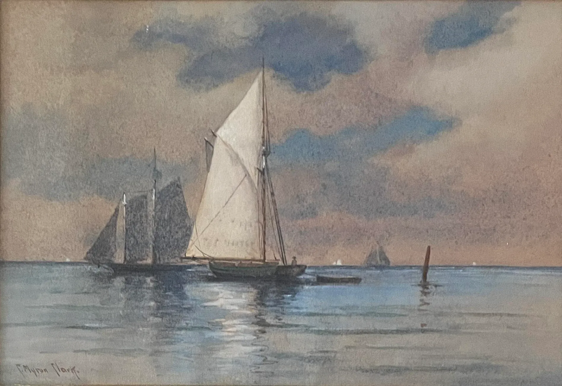 Late 19th Century Sailboat Marine Watercolor by Charles Myron Clark