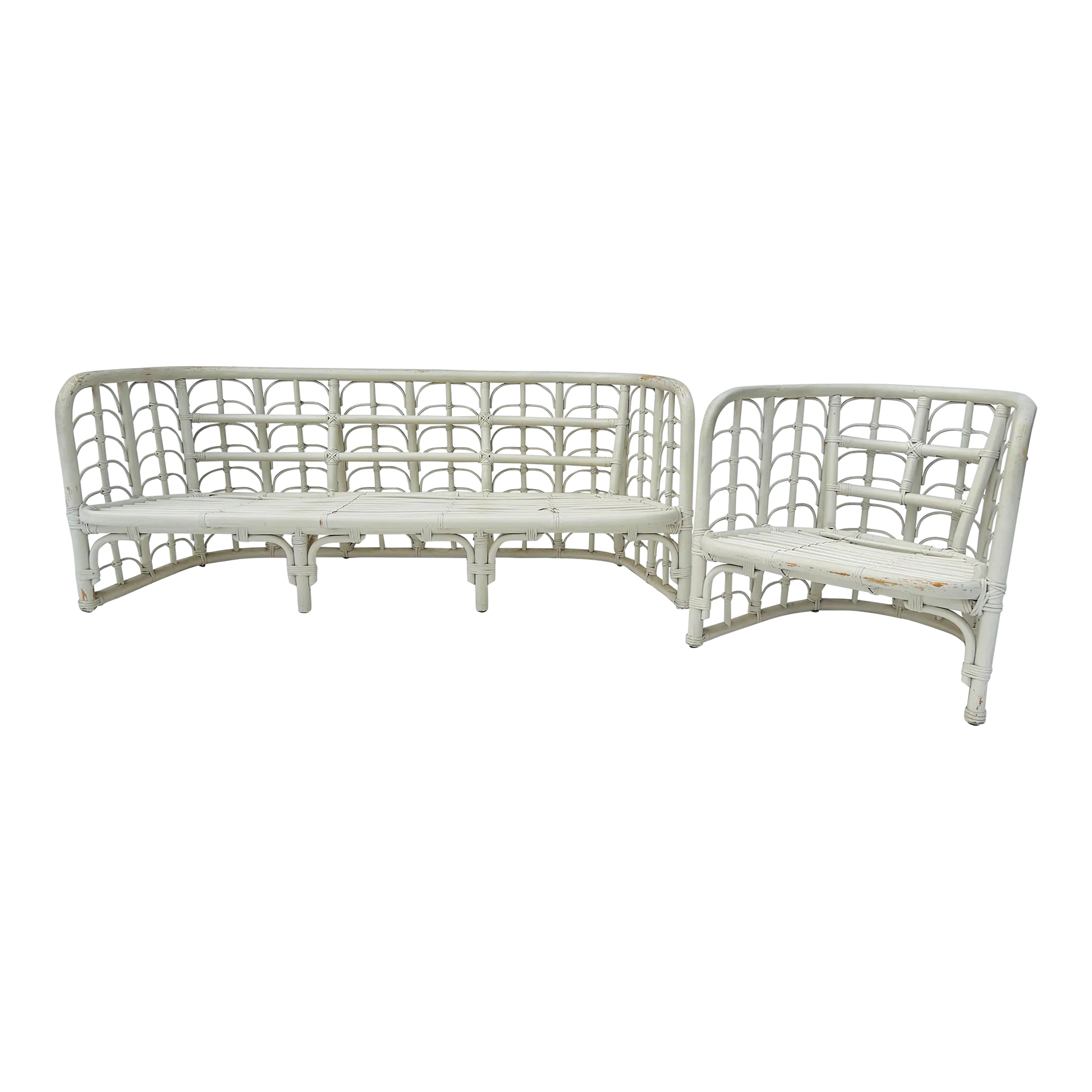 Vintage Brown Jordan Hollywood Regency Style Barrel Rattan Sofa and