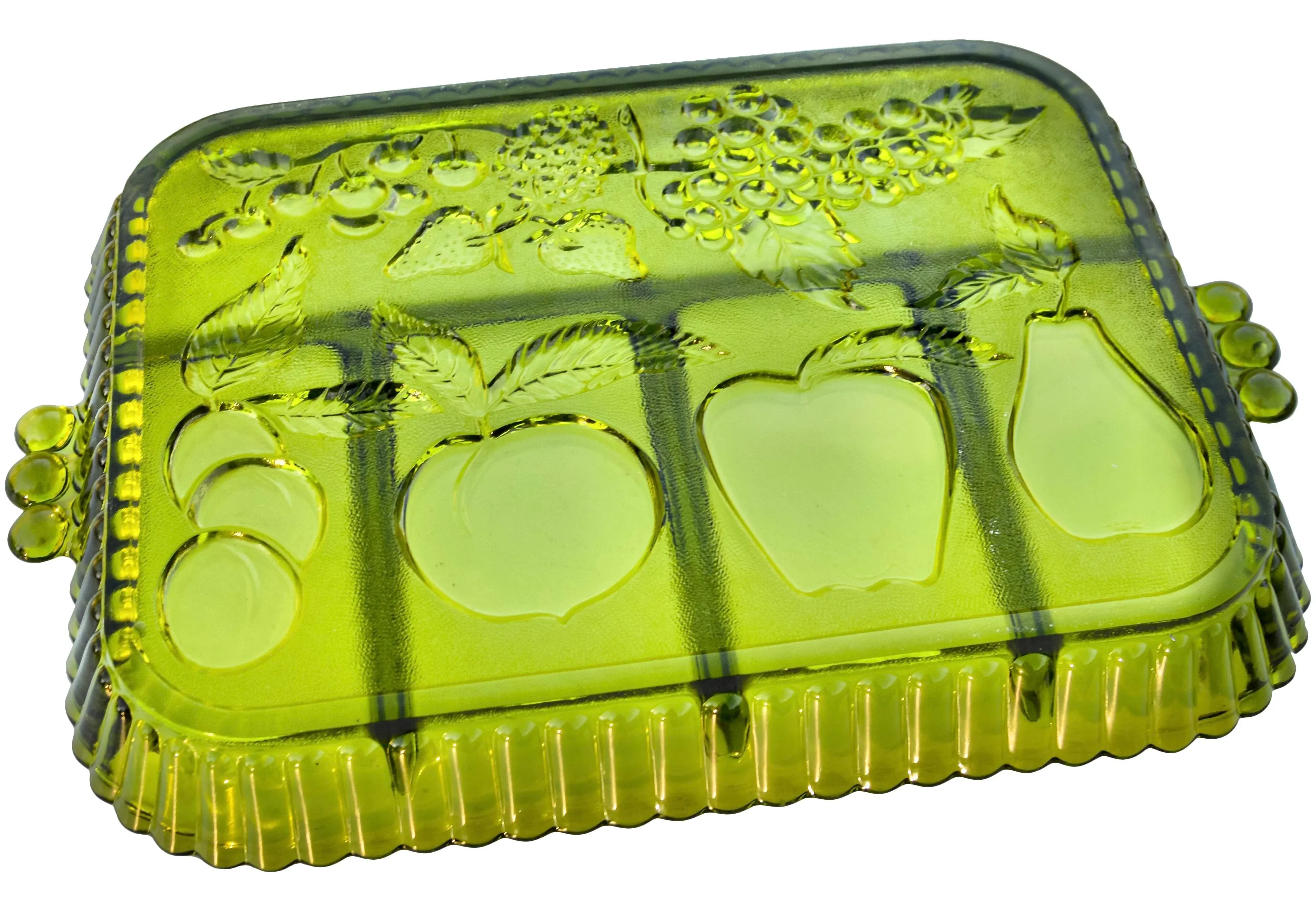 Vintage Textured Fruit-Patterned Green Glass Tray | Chairish