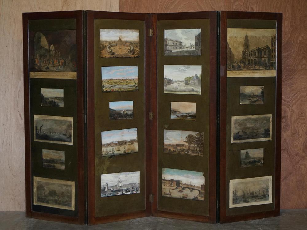 Victorian Embossed Leather & Water Colour Folding Screen