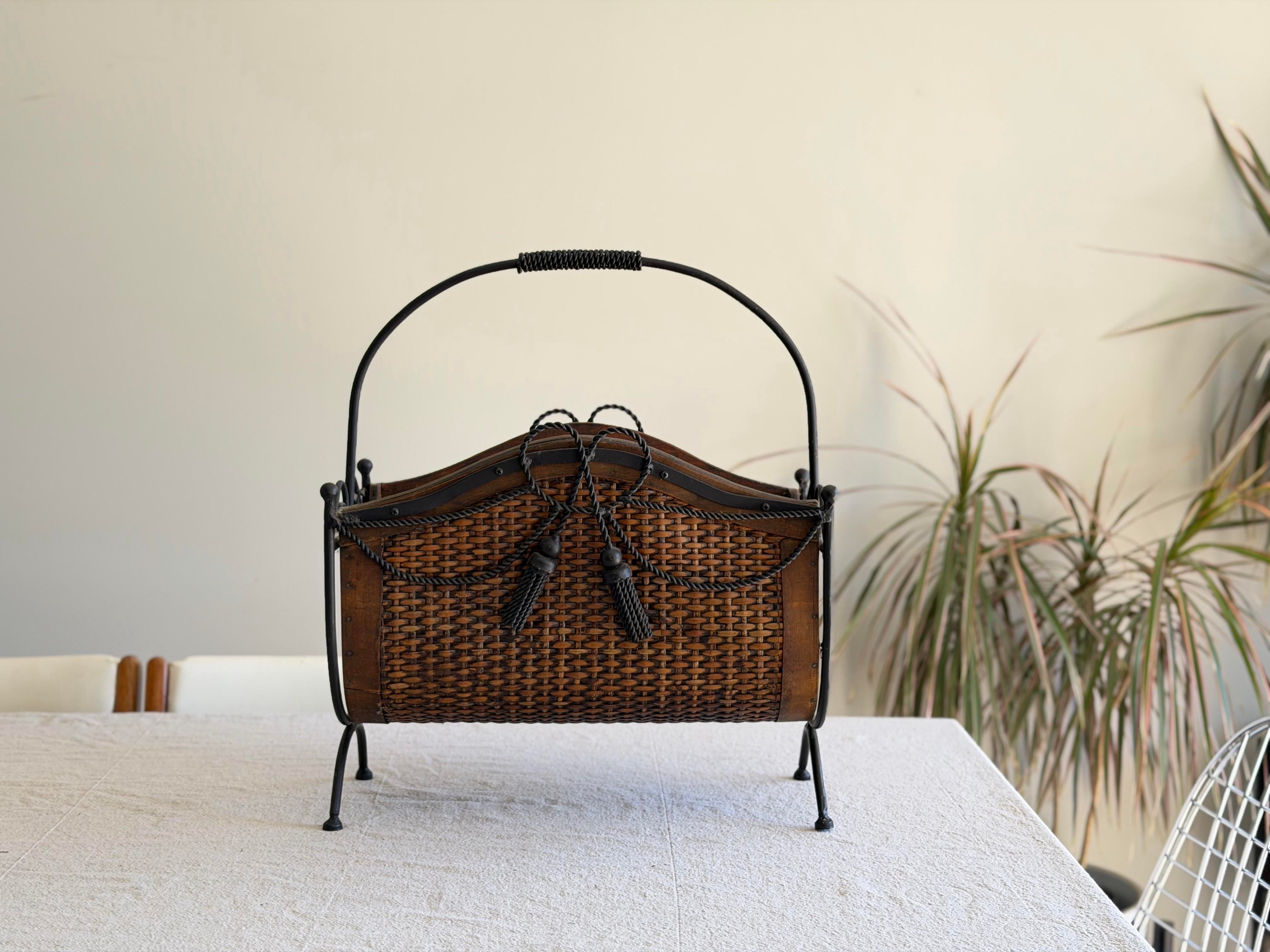 Vintage Wicker and Iron Storage Basket, Sculptural Magazine Rack With Tassel Detail, 18” H X 16” W