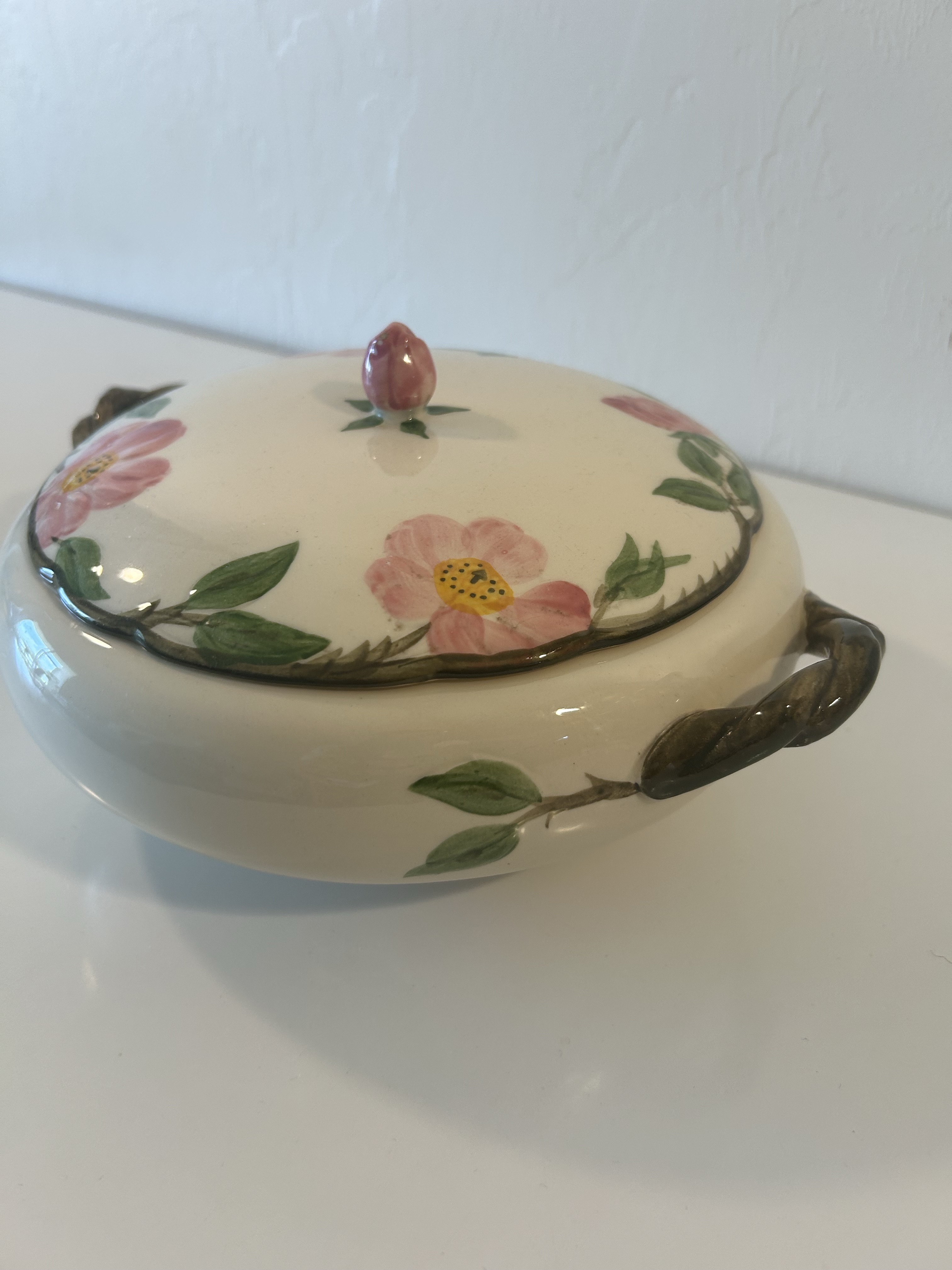 Late 20th Century Franciscan Desert Rose Covered Vegetable DishHandwoven Antique Persian Kilim Rug in Wine Black and Orange Geometric Pattern