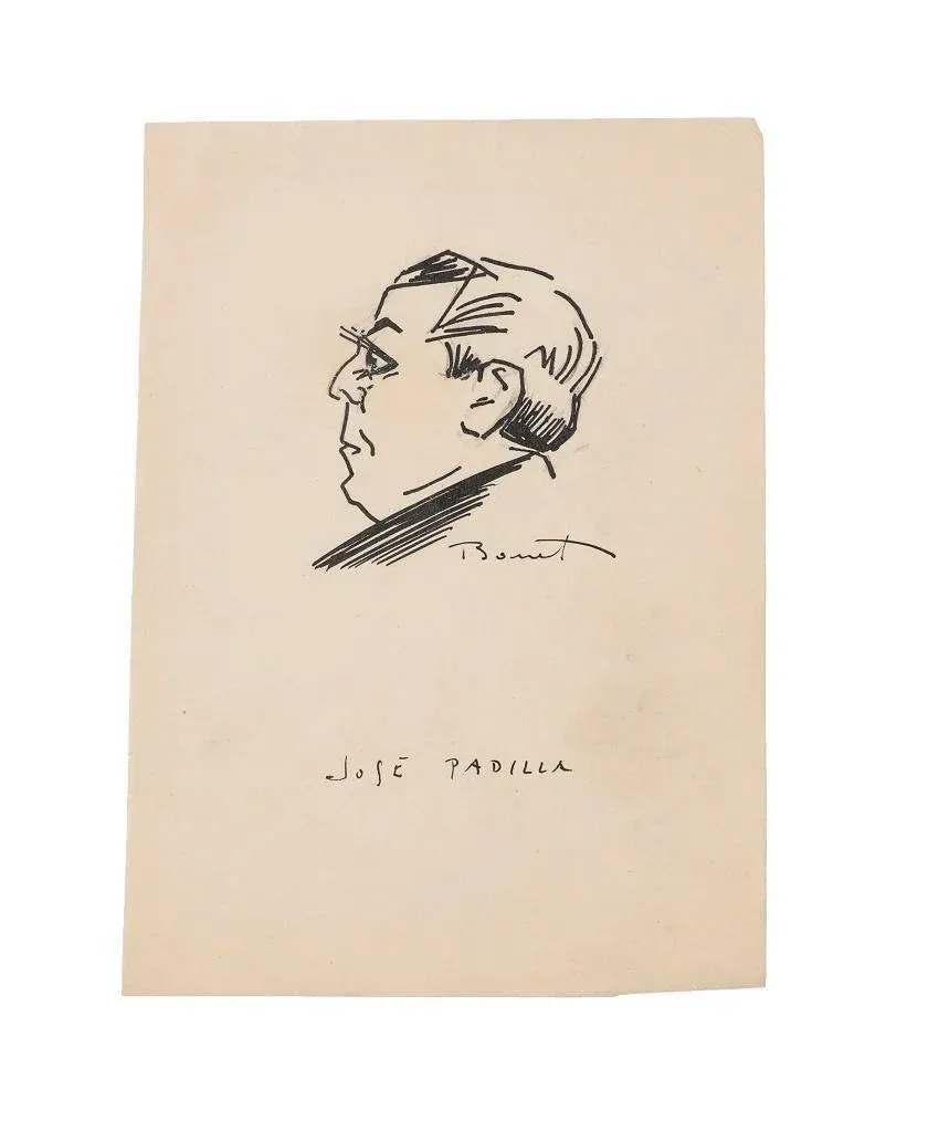 Roman Bonet, Portrait of José Padilla, Original Pen Drawing, Mid-20th-Century
