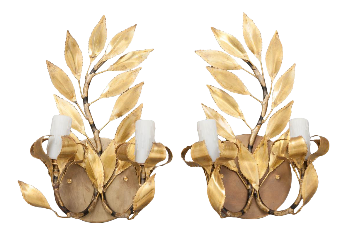 Mid 20th Century Laurel French GiltBrass Leaf TwoLight Sconces a