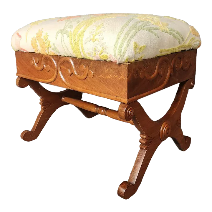 Mid 20th Century X-Base Stool Ottoman Crewel Textile