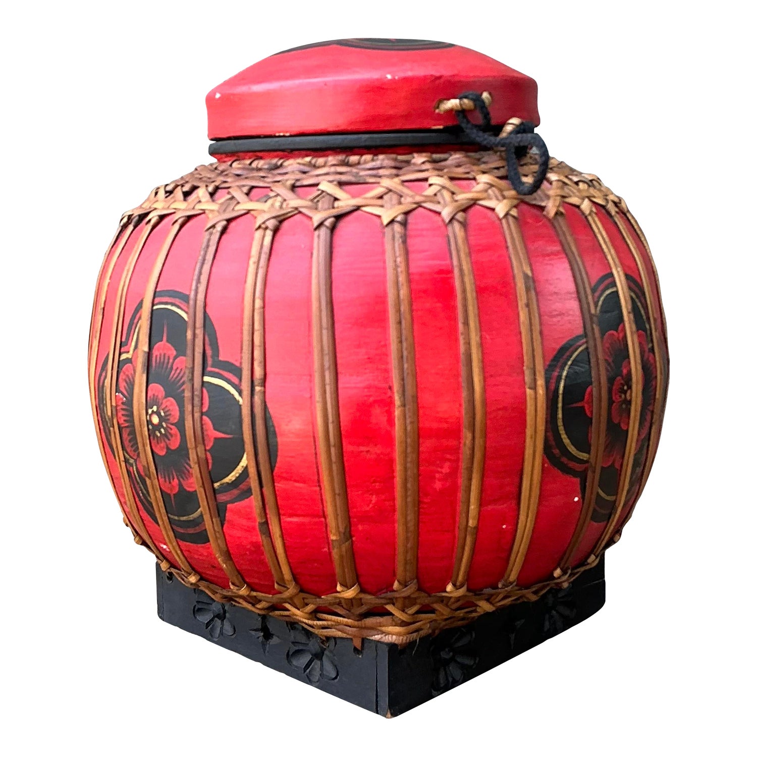 Vintage Asian Rattan Wrapped Lidded Basket