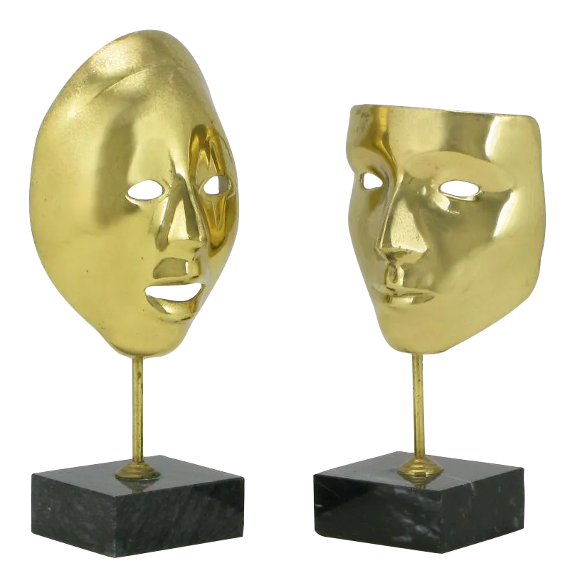 Brass Carnivale Masks Mounted on Black Marble - a Pair
