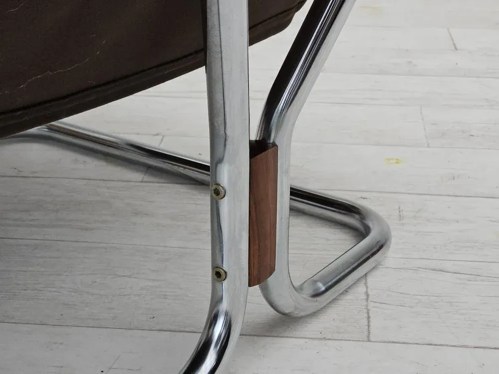 Norwegian Armchair in Leather, Chrome Steel, Teak Wood & Canvas by Harald Relling for Westnofa, 1970s