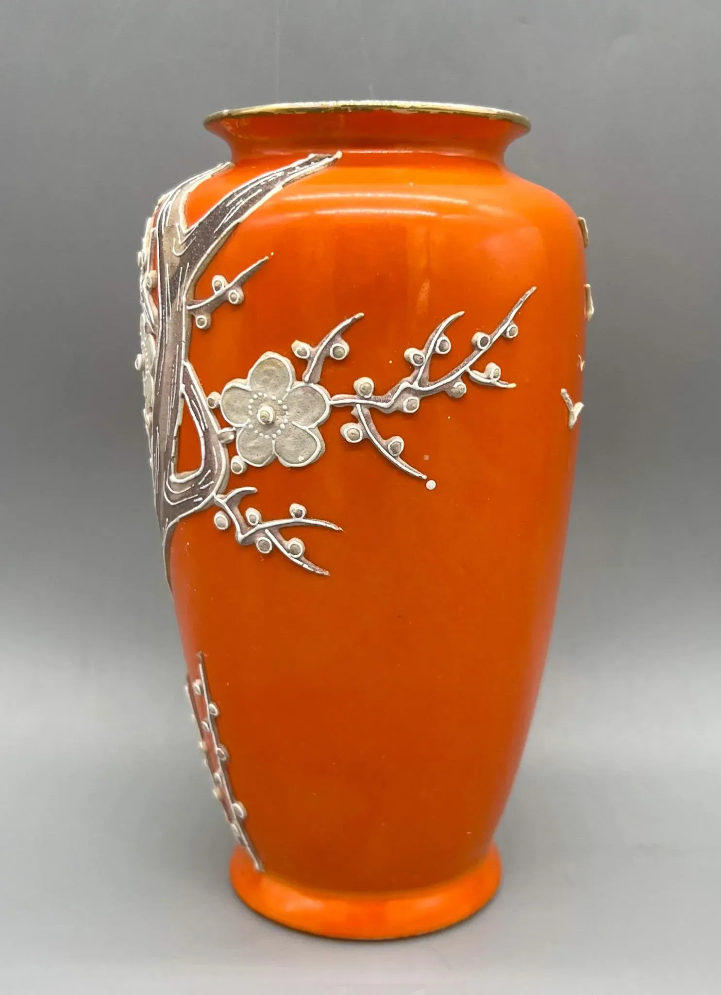 Mid-Century Japanese Embossed Cherry Blossom Orange Vase