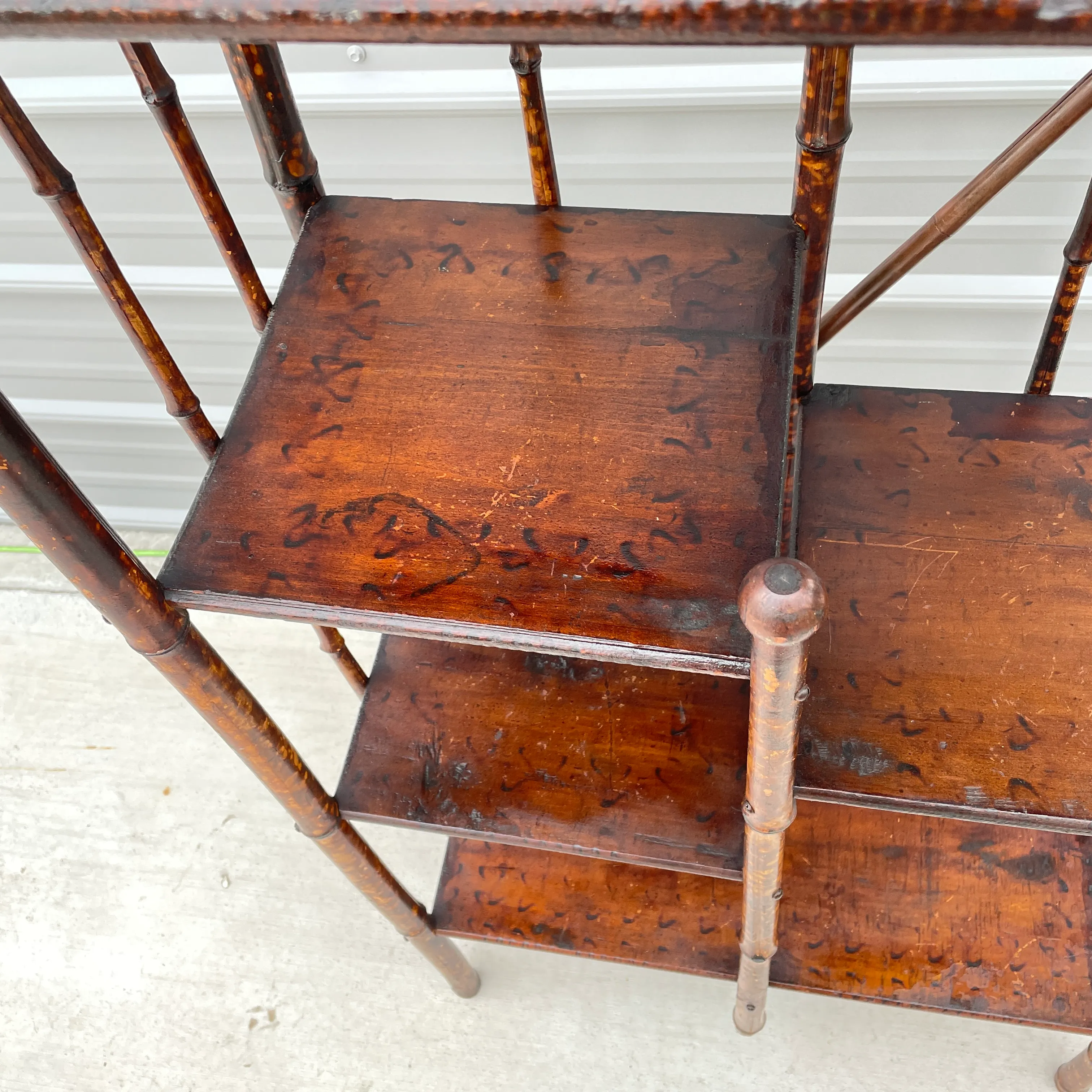 Antique Faux Tortoise Shell Finish Bamboo Etagere With Five Pine