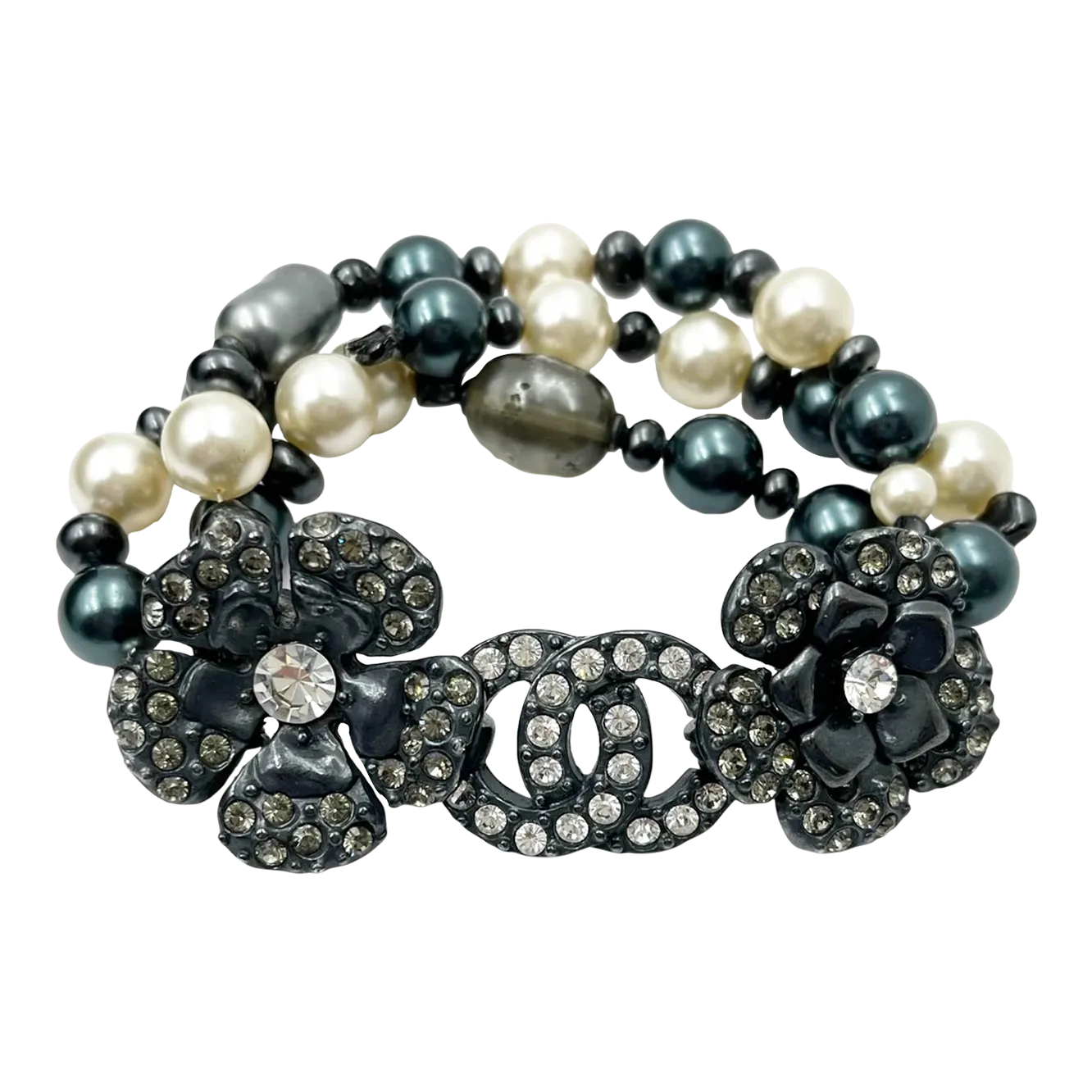 【CHANEL】★Vintage★CC BRACELET ブレスレット Chanel Vintage Rare Gunmetal CC Flower Crystal Grey Pearl 3