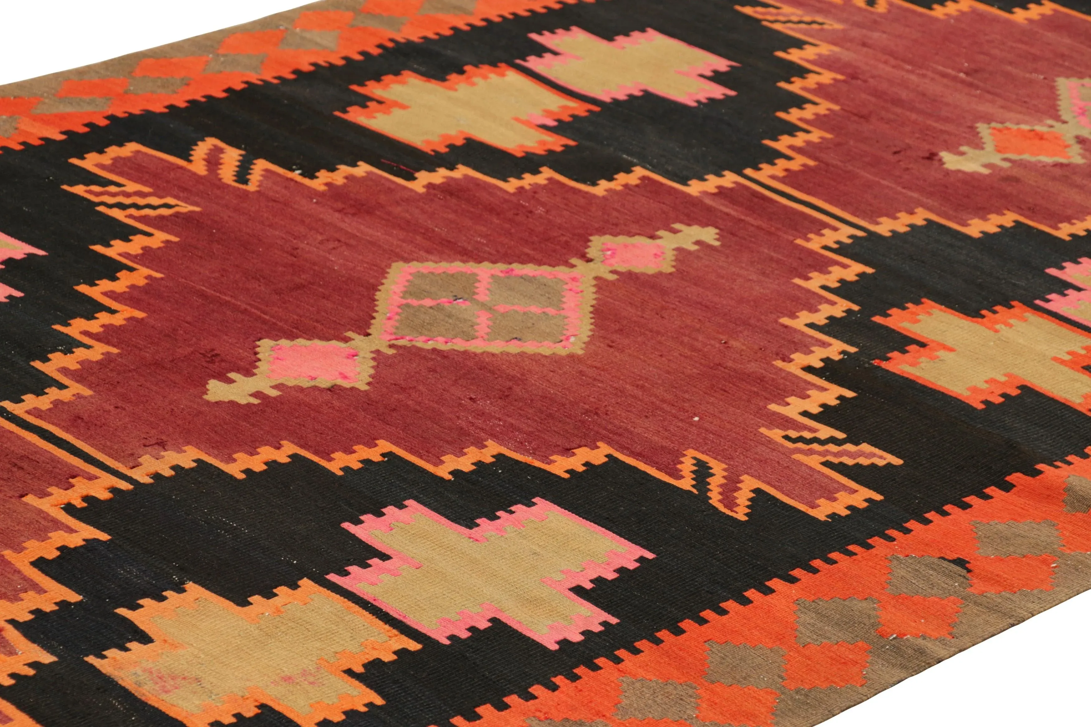 Late 20th Century Franciscan Desert Rose Covered Vegetable DishHandwoven Antique Persian Kilim Rug in Wine Black and Orange Geometric Pattern