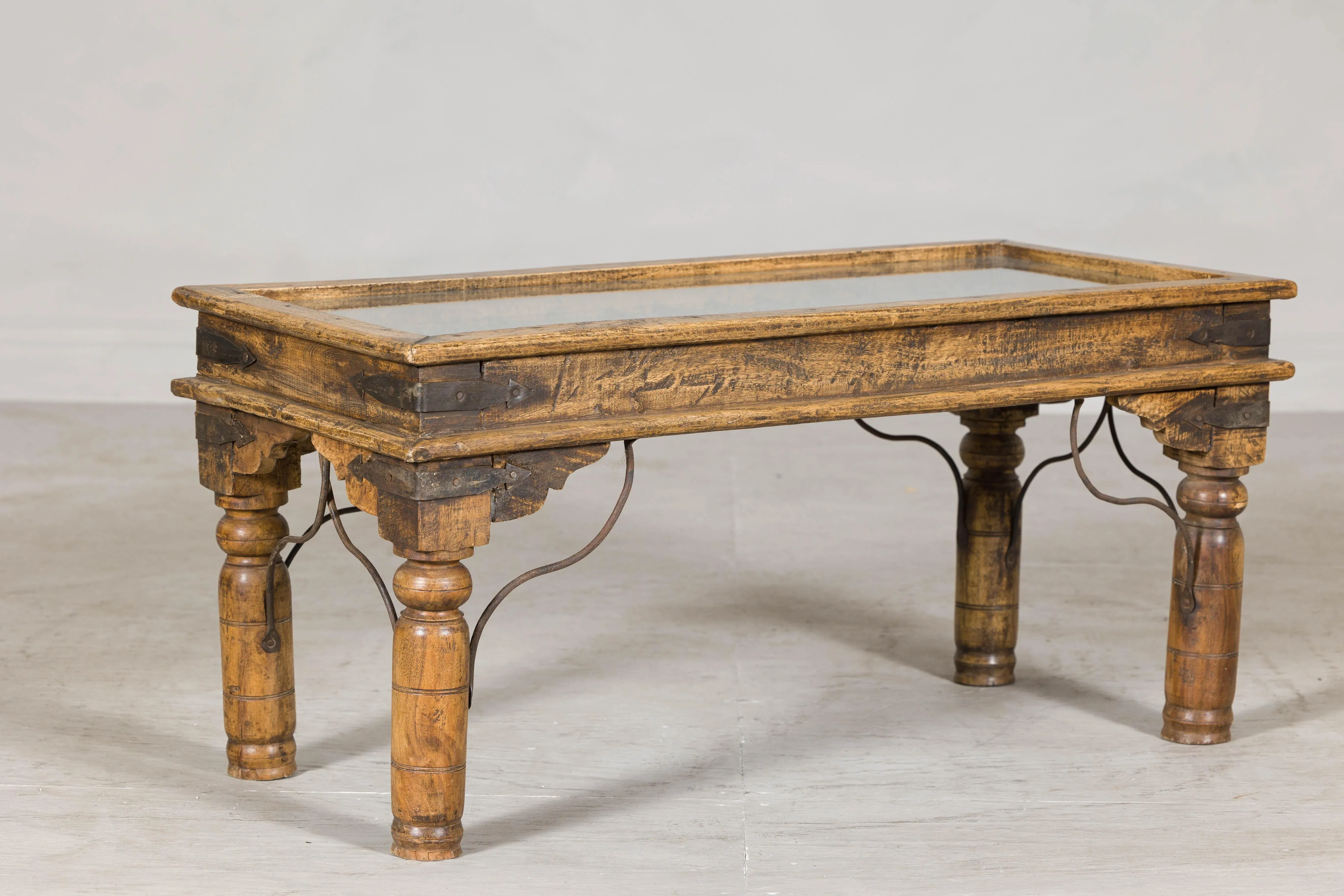 Vintage Indian Rustic Wood Coffee Table with Antique Ironwork and
