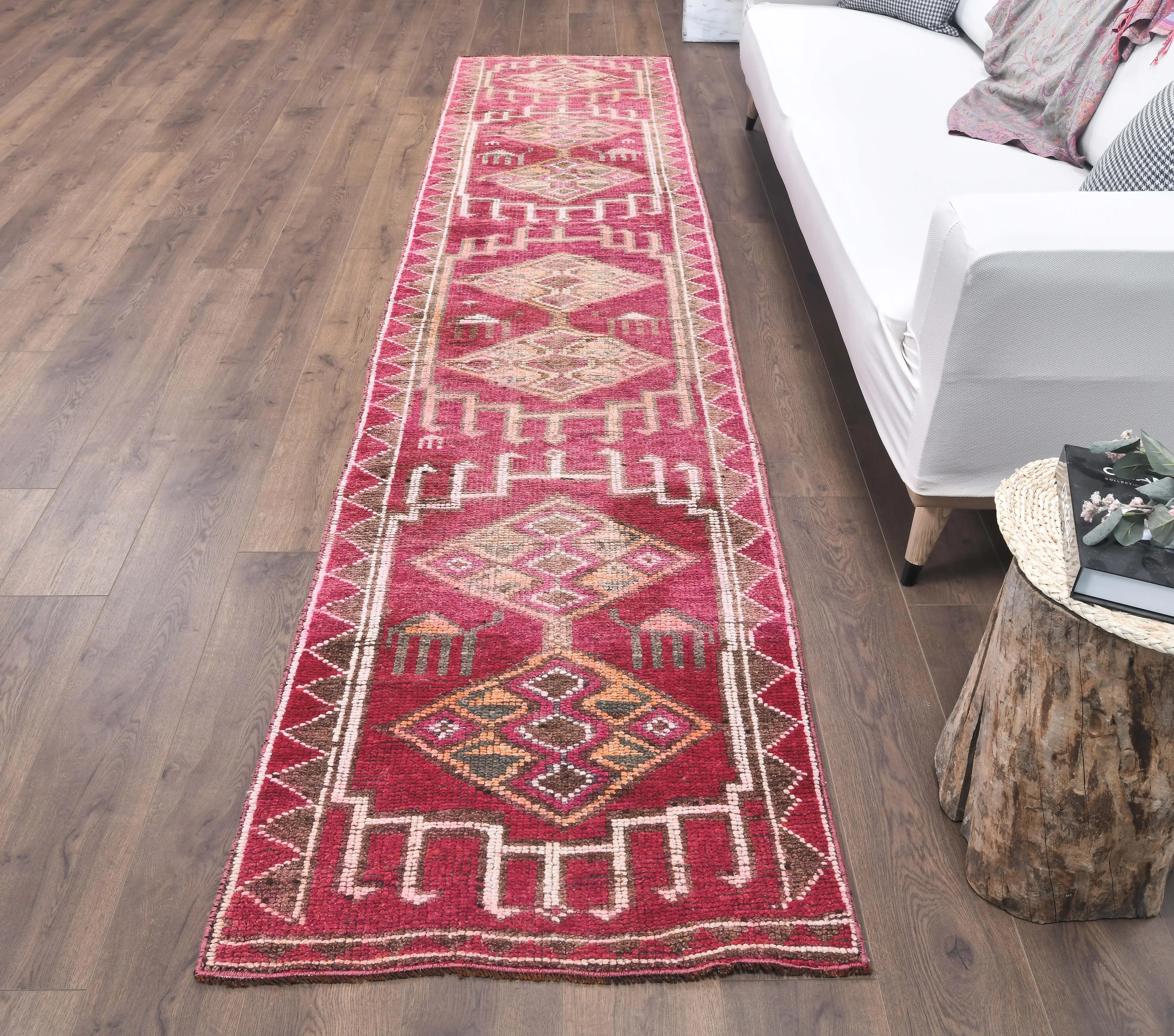 Vintage Pink Geometric Turkish Hand-Knotted Runner