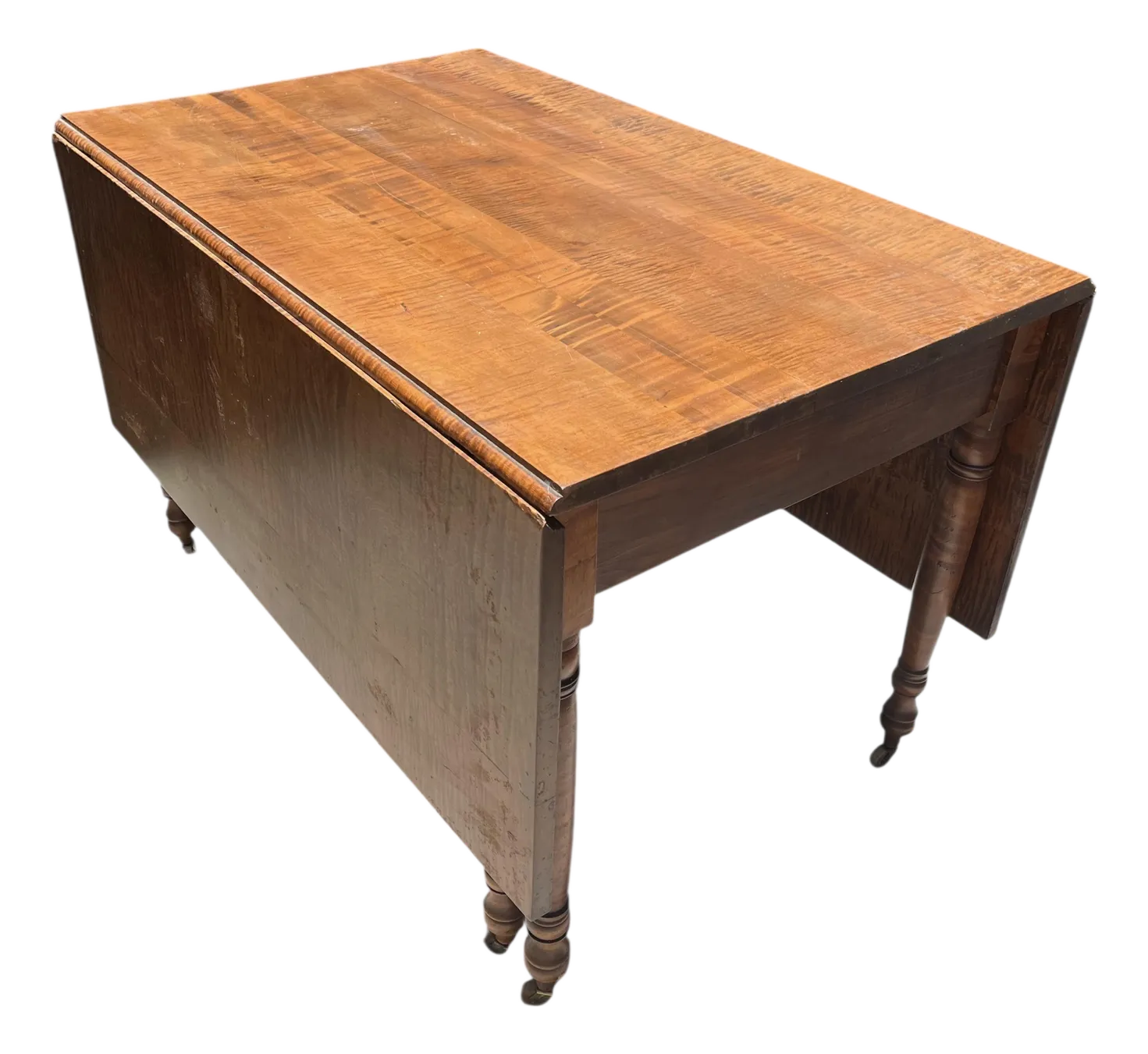 19th Century American Sheraton Tiger Maple Drop Leaf Dining Table