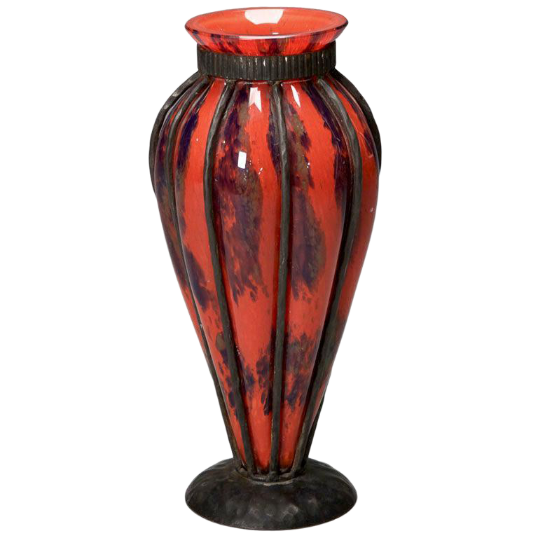 Daum Verreries d'Art Lorrain Red Glass Vase with D'Avesn Iron Surround