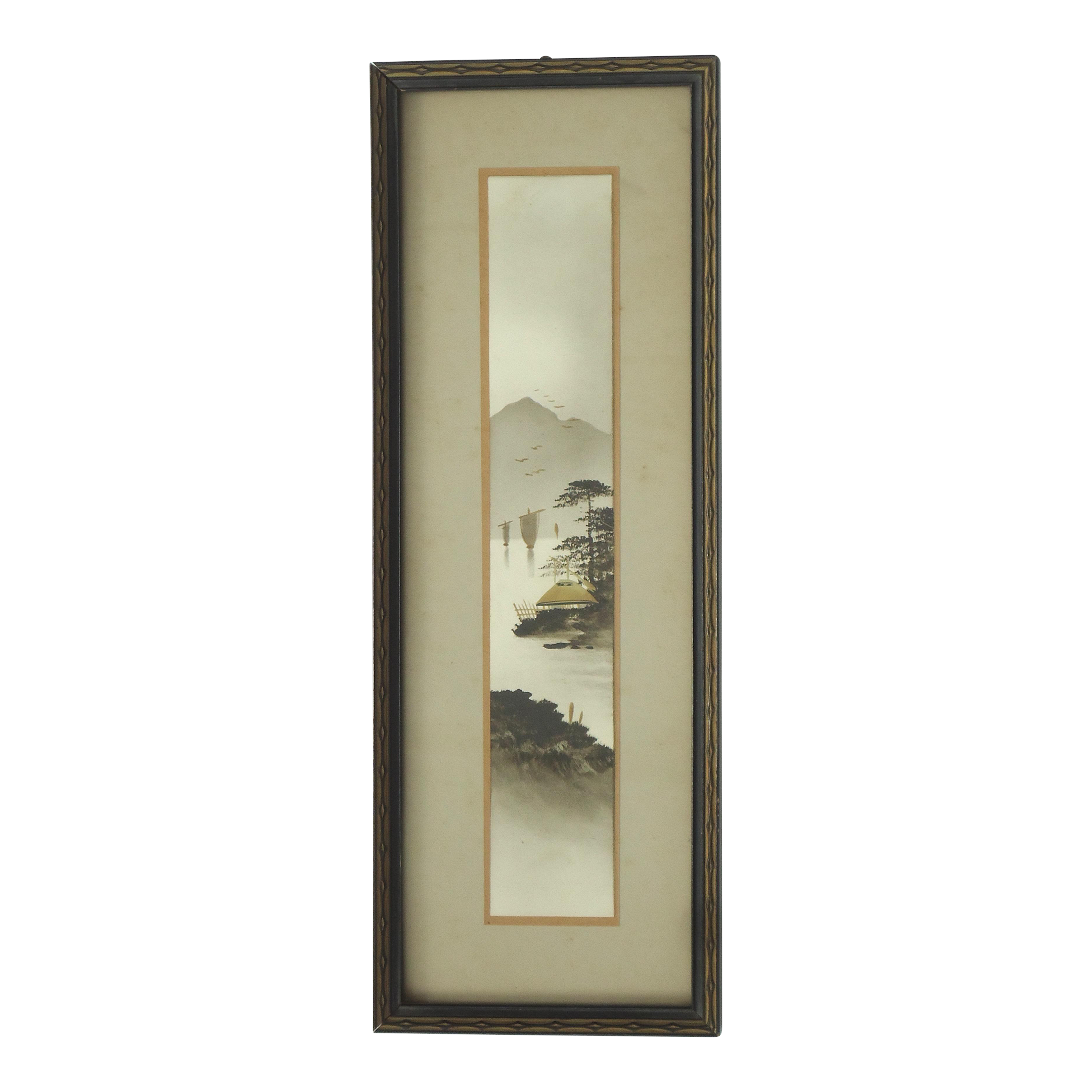 Antique Japanese Landscape Painting Mountain & Boats | Chairish 