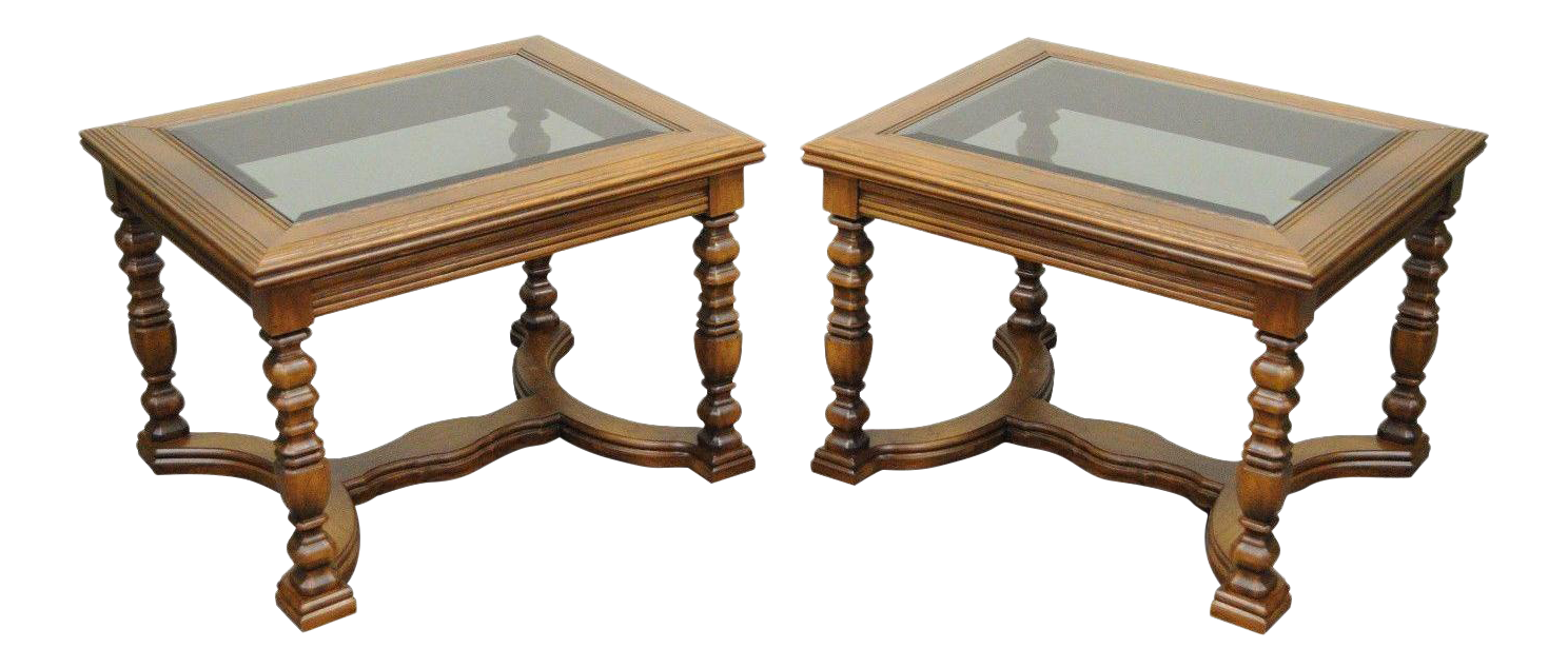 Vintage Pair of Traditional Oak Smoked Beveled Glass Top End Accent